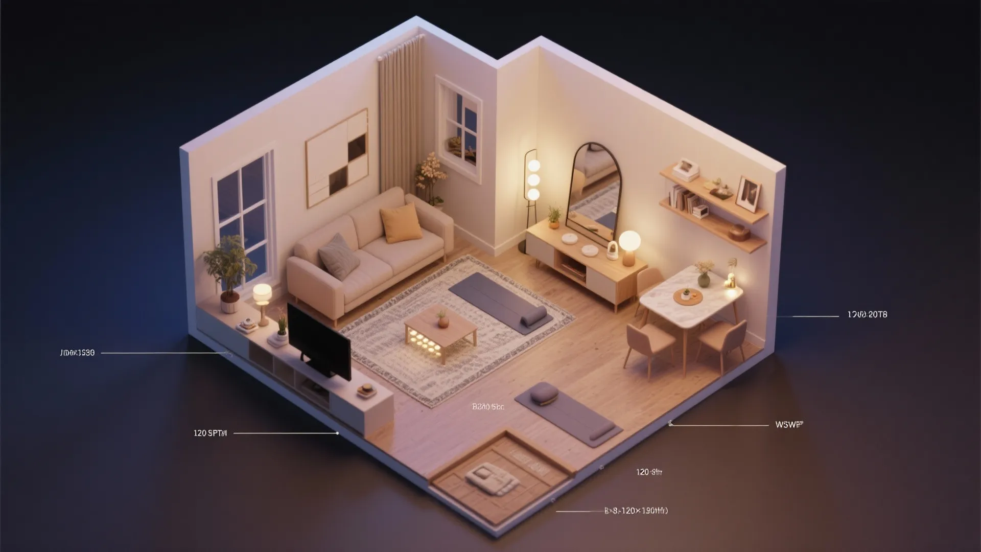 Interior design drawing showing a small apartment with sofa dining table yoga mats and furniture