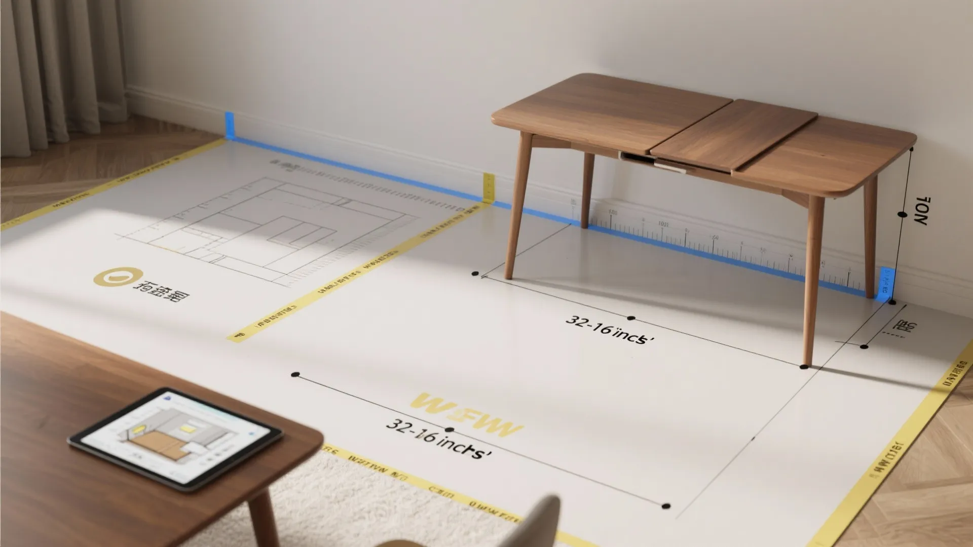 Top-down mockup with taped floor clearances, table footprint, and a tablet showing a 3D room planner for quick layout testing.