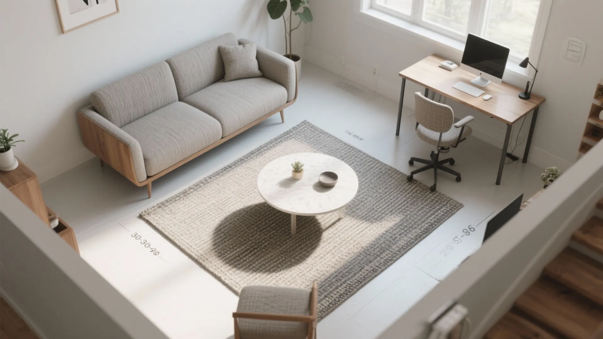 Modern home office room interior design drawing with grey sofa wooden desk and round table