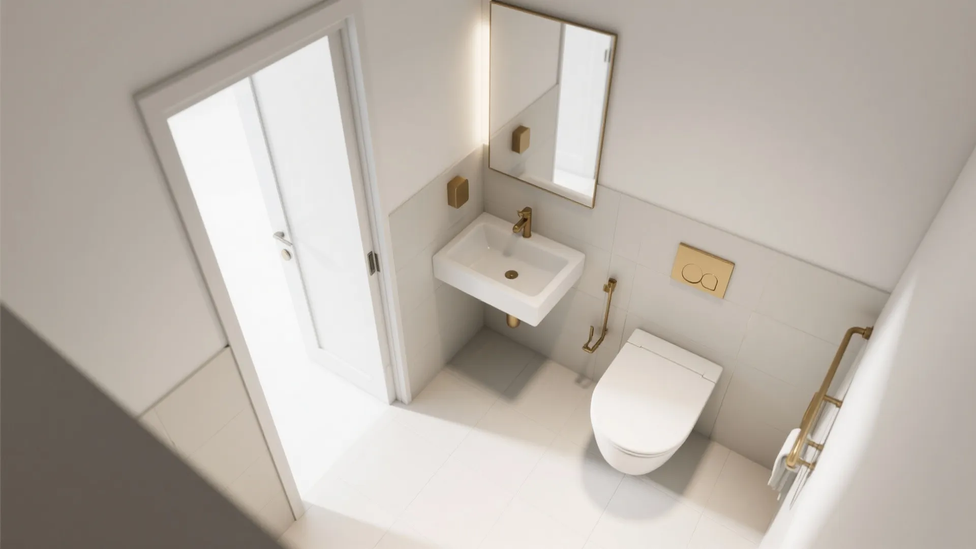 Smarter layout: pocket/outswing door, corner sink, and wall-hung toilet