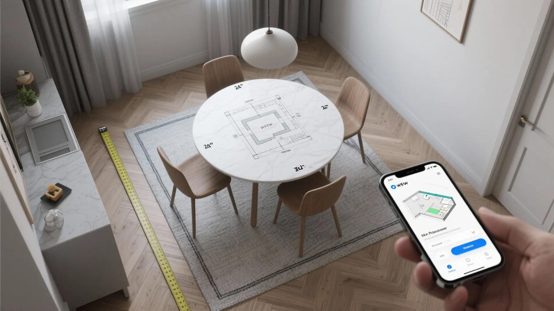 Top view of dining area with round table four chairs and phone showing room layout
