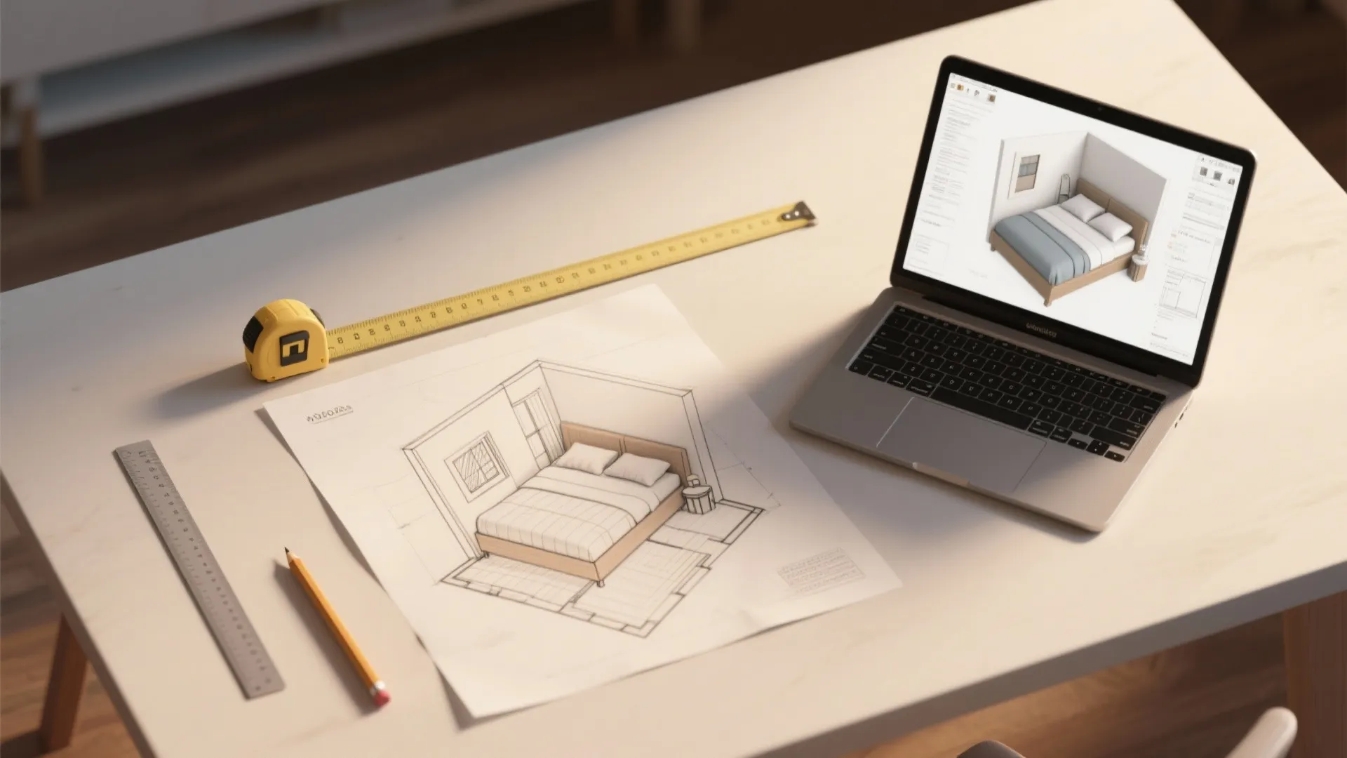 Laptop displaying 3D bedroom design next to hand drawn sketch and tools on white desk