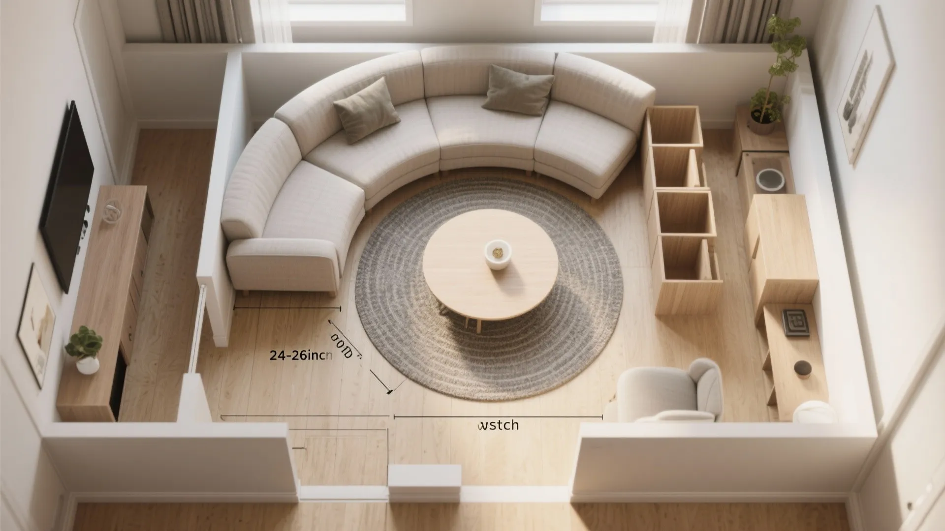 Top-down 3D mockup of a small apartment showing a curved sectional and recommended circulation clearances.
