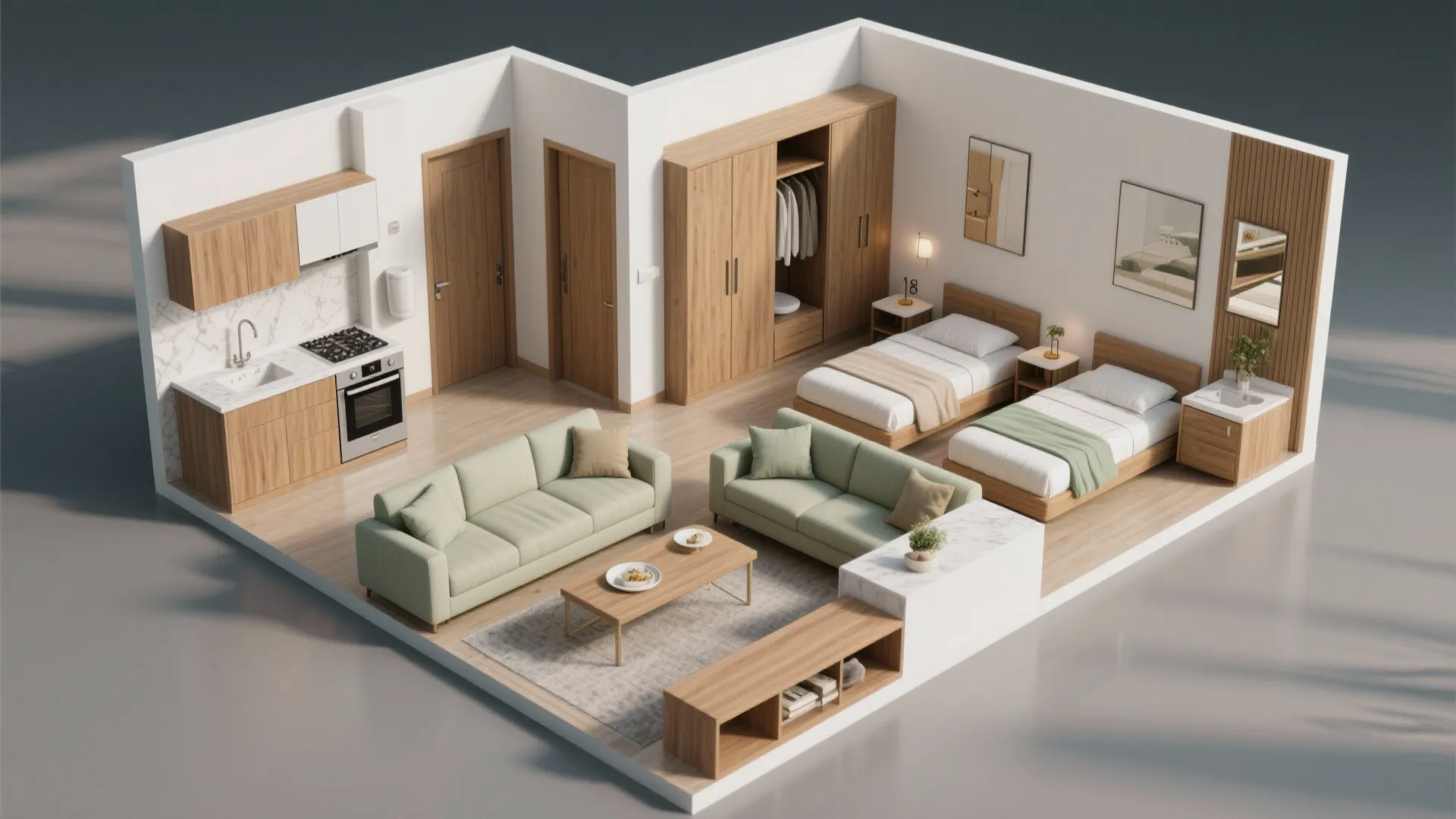 Interior design drawing showing apartment layout with kitchen two beds green sofas and wood furniture