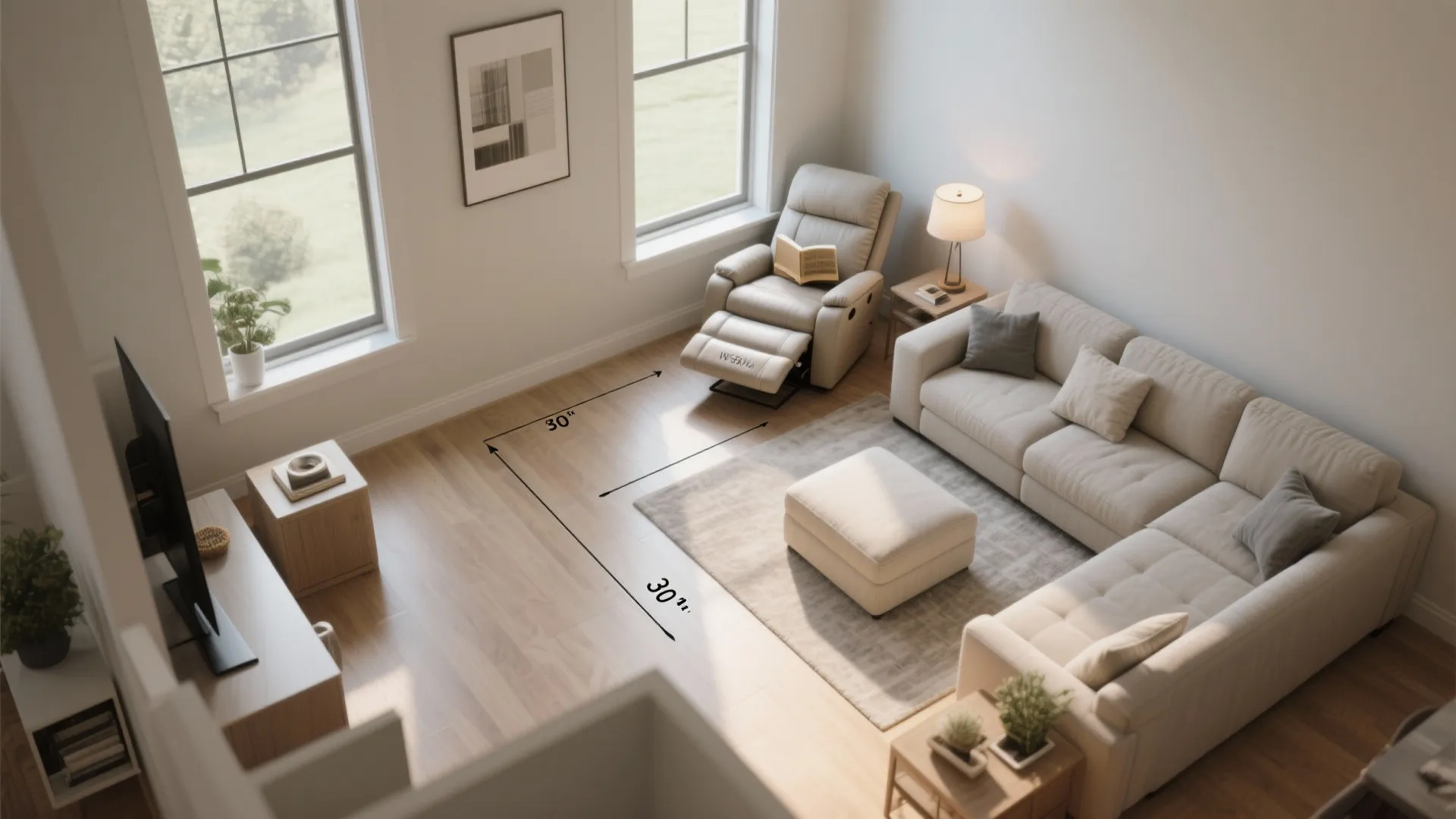 Top down room layout of living area showing sofa and armchair with floor measurement markings