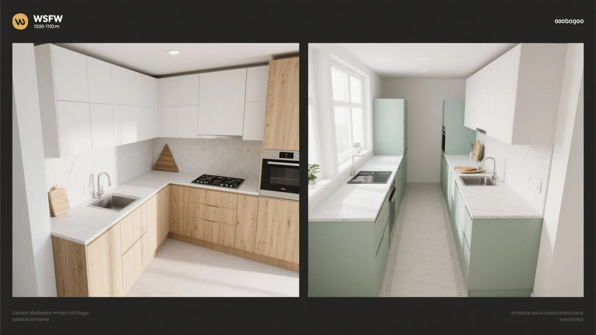 Comparison of two kitchen designs featuring light wood cabinets versus modern light green cabinet styles