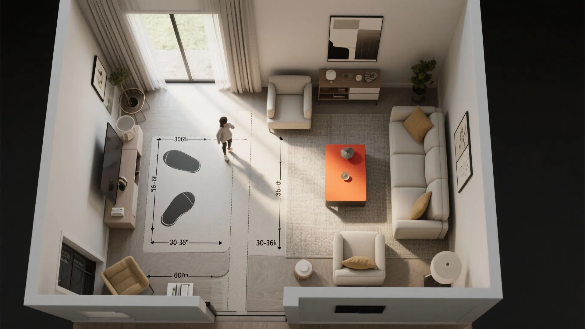 Top-down room layout view showing furniture arrangement with measurement lines and orange coffee table display