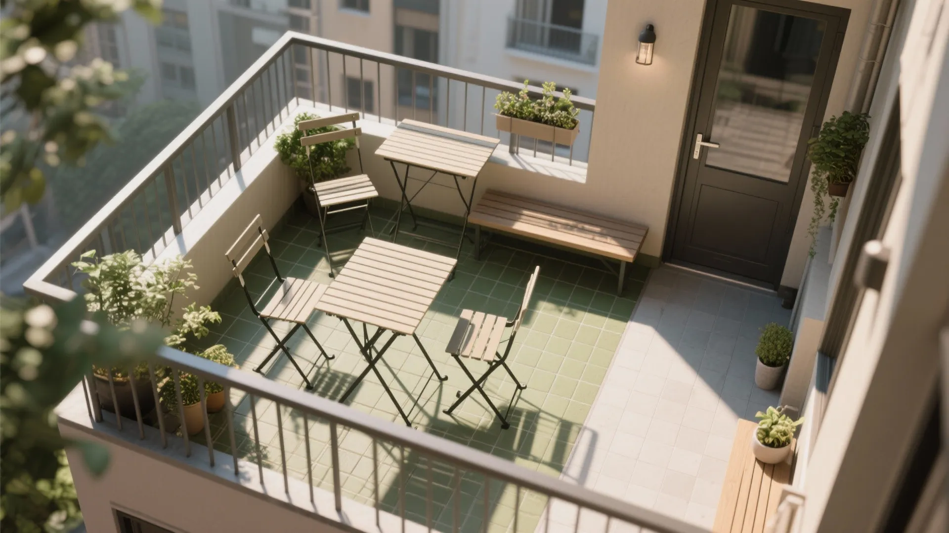 Small balcony with wooden folding tables and chairs set on green floor tiles from top view