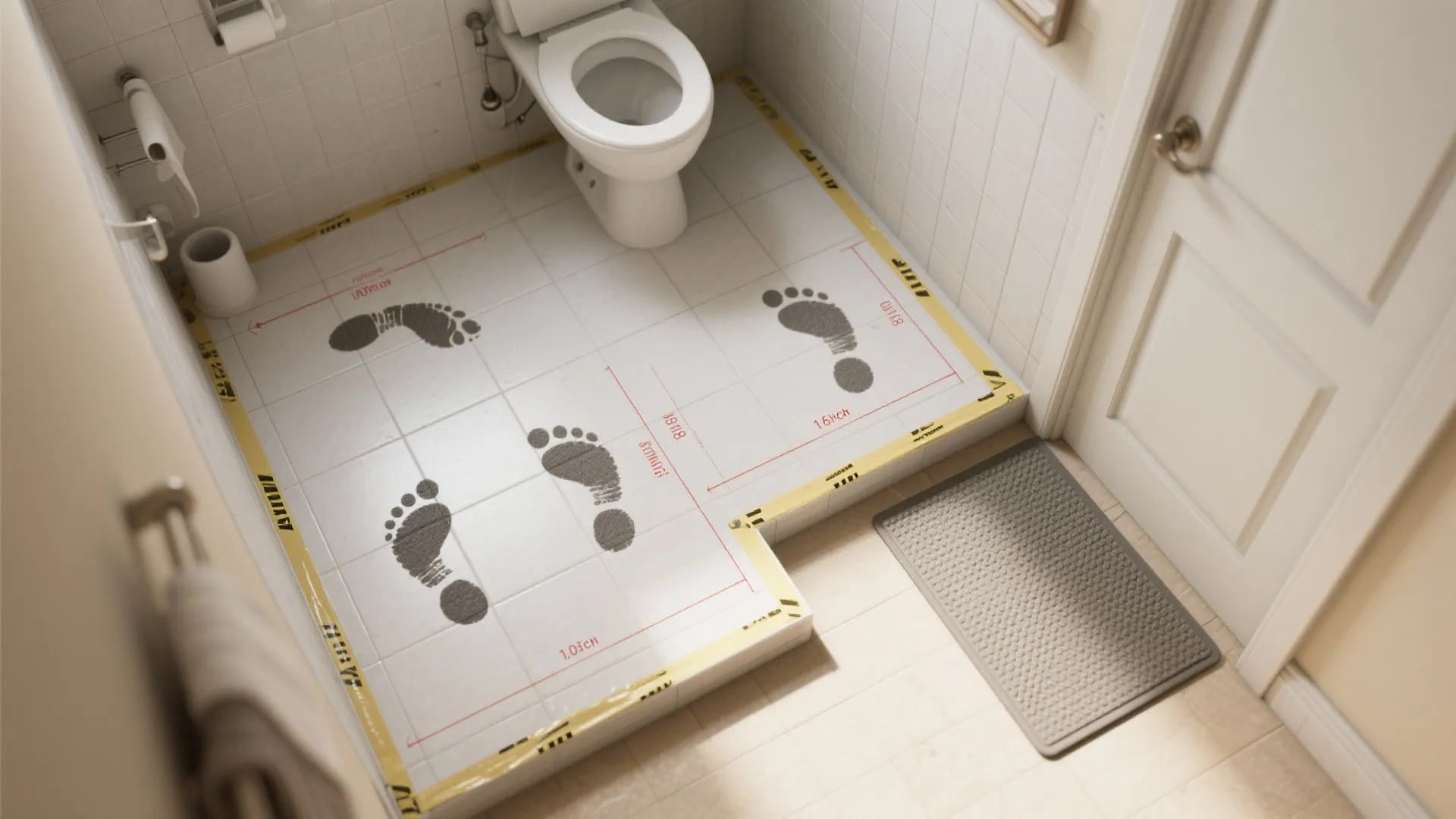 Top-down view of a small bathroom floor with painter's tape marking rug footprints and a highlighted 1-inch door clearance.
