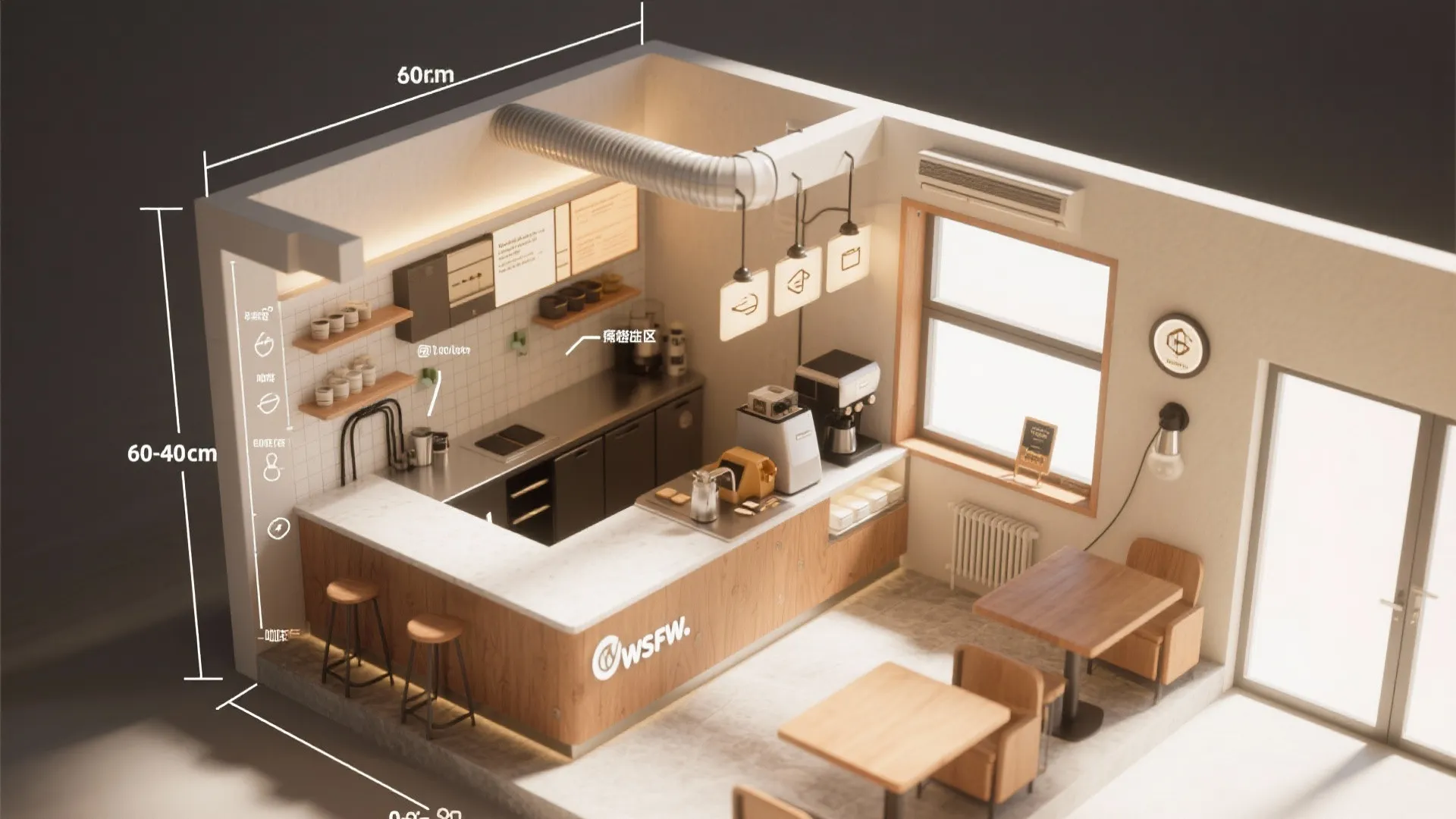 Top-down layout guide for a compact coffee bar showing clearance zones, vertical storage and ventilation tips.