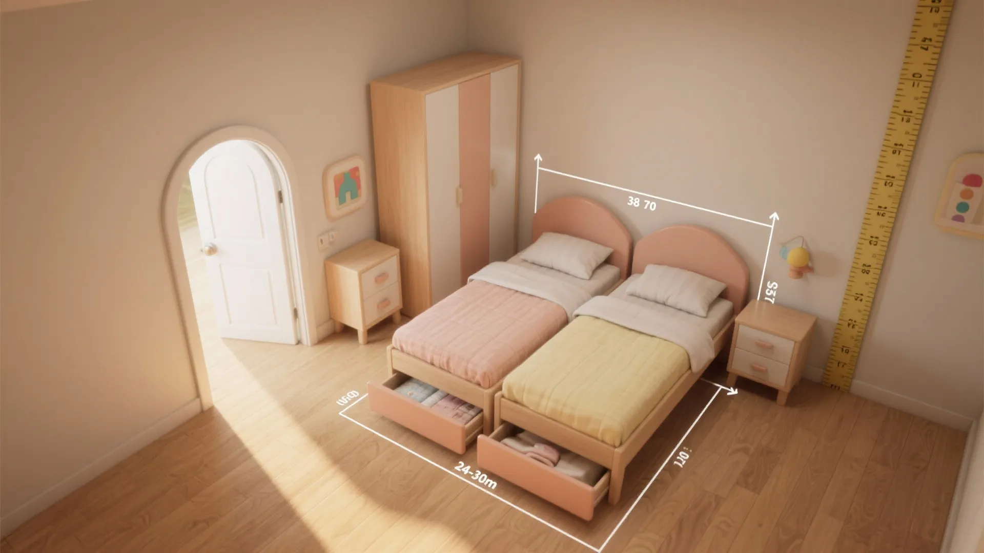 Kids bedroom with two single beds wooden wardrobe white measurement lines showing room layout dimensions