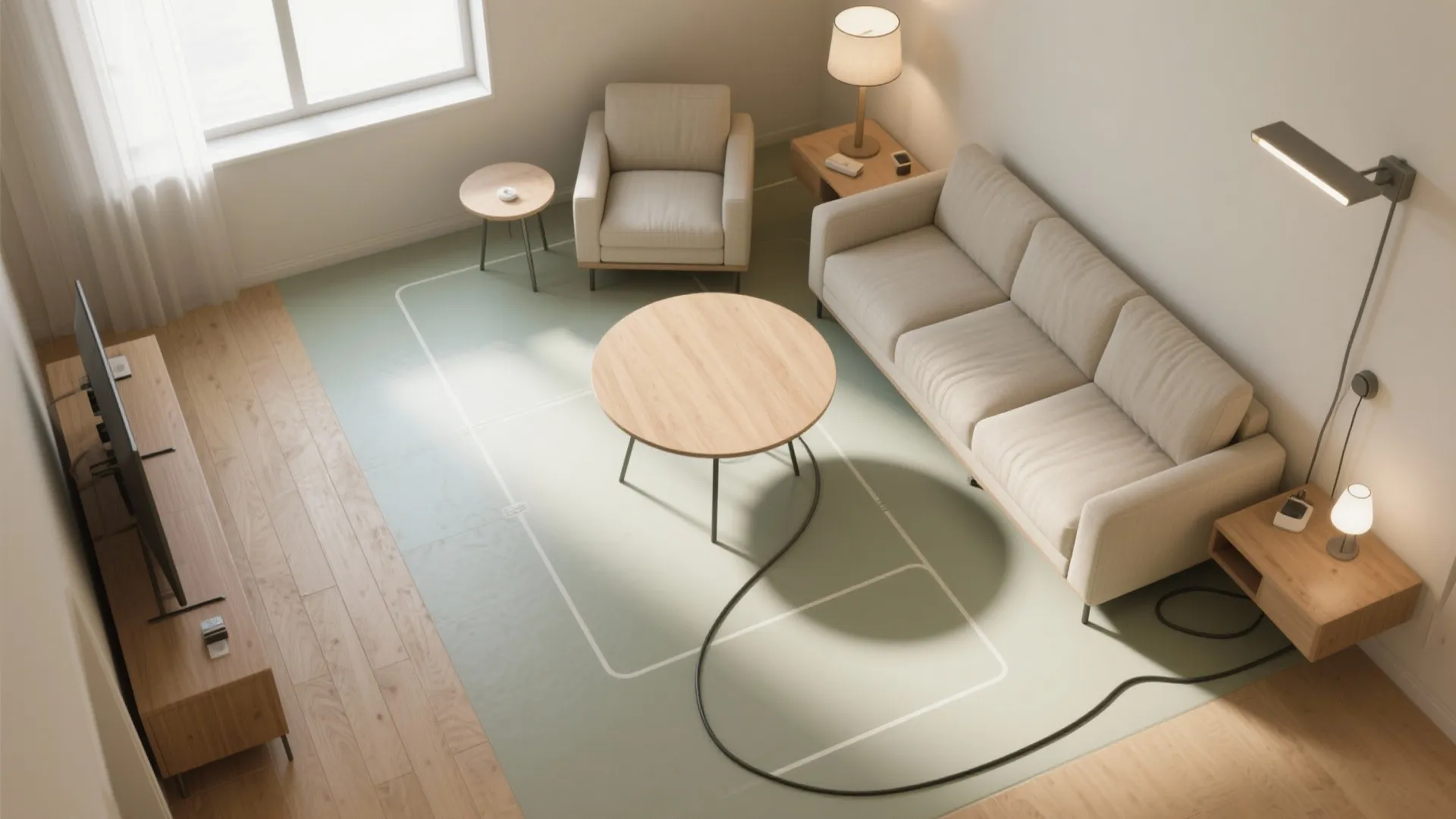 Top view of a living room layout showing sofa armchair coffee table and wooden flooring