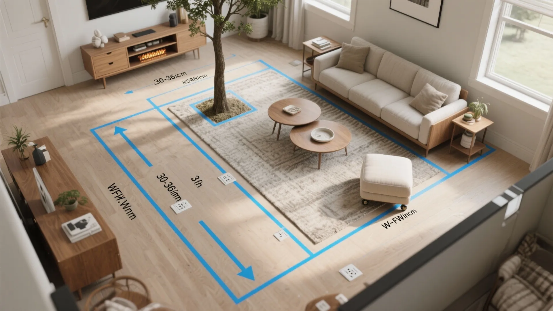 Living room layout showing blue measurement lines for furniture placement with a sofa and coffee table