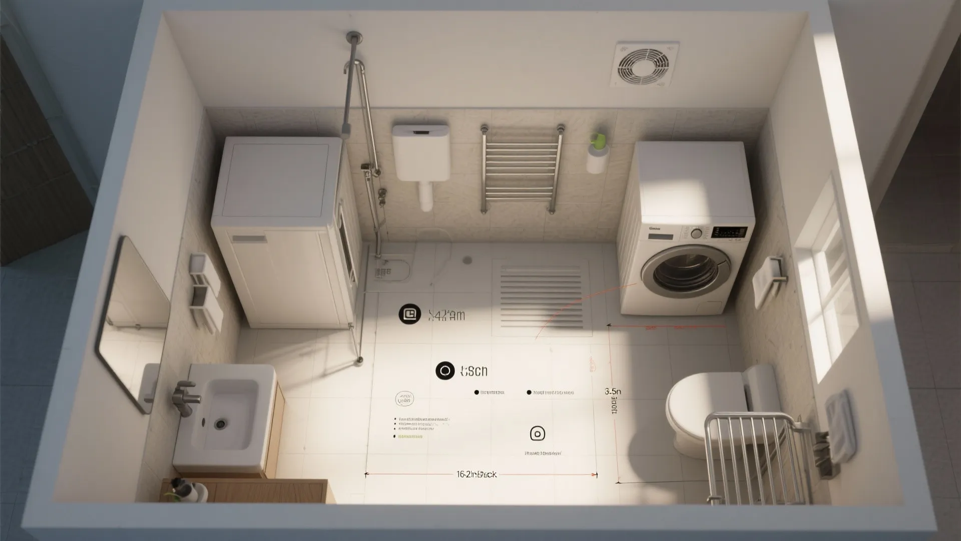 Top view interior design drawing of a laundry room with washing machine sink and toilet