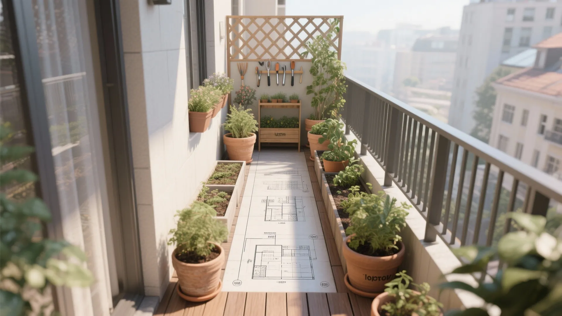 Small balcony garden with many potted plants and a floor plan drawing on the floor