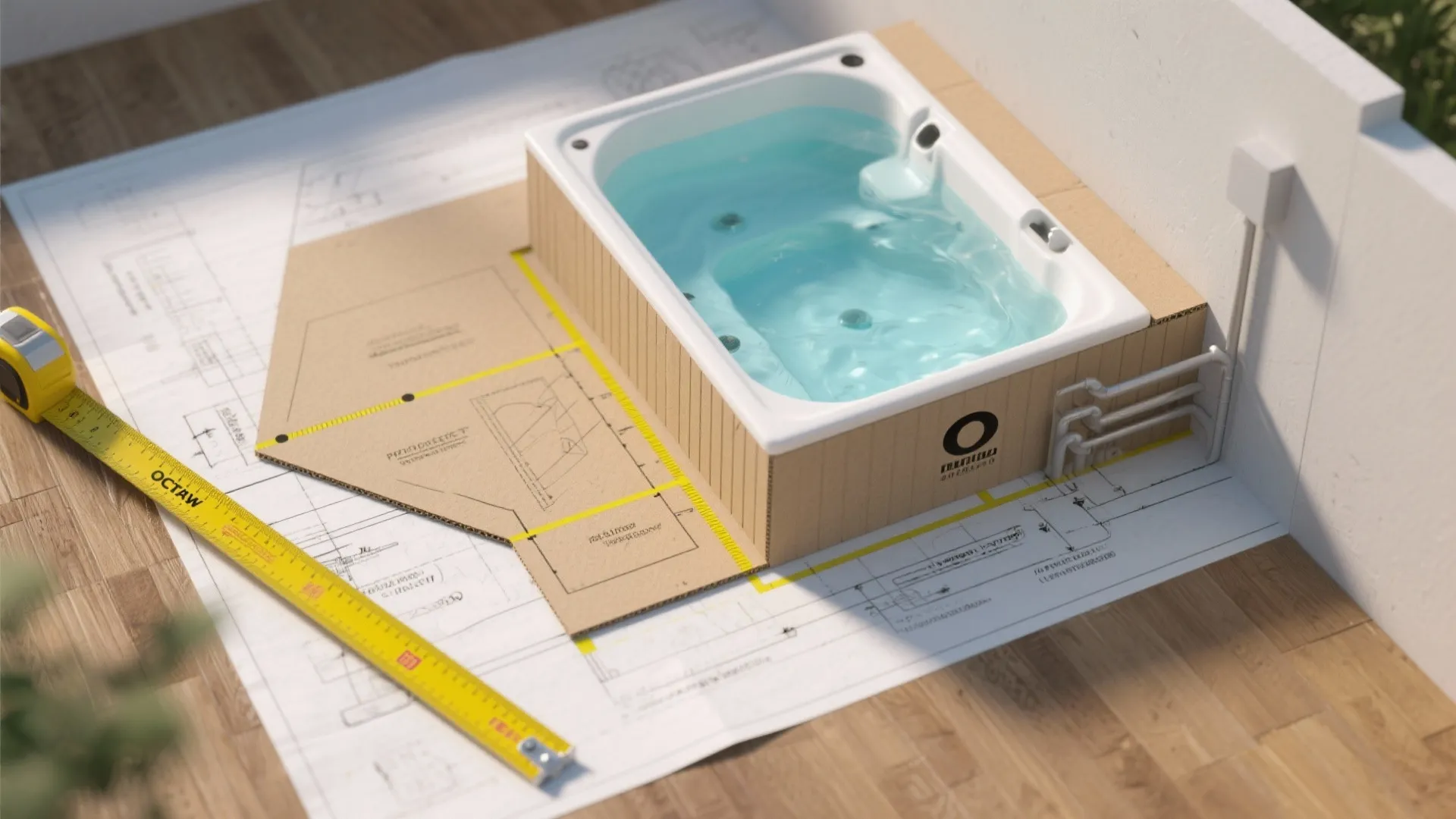 Top-down mockup with cardboard footprint, measuring tape and clearance annotations for hot tub layout and utility planning.