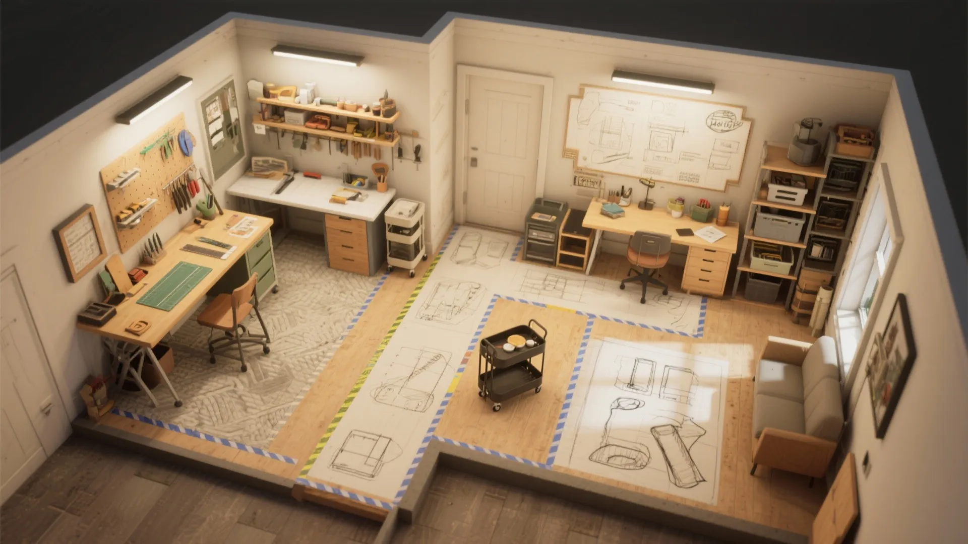Interior design drawing of a studio workshop layout with desks sofa floor plans and storage