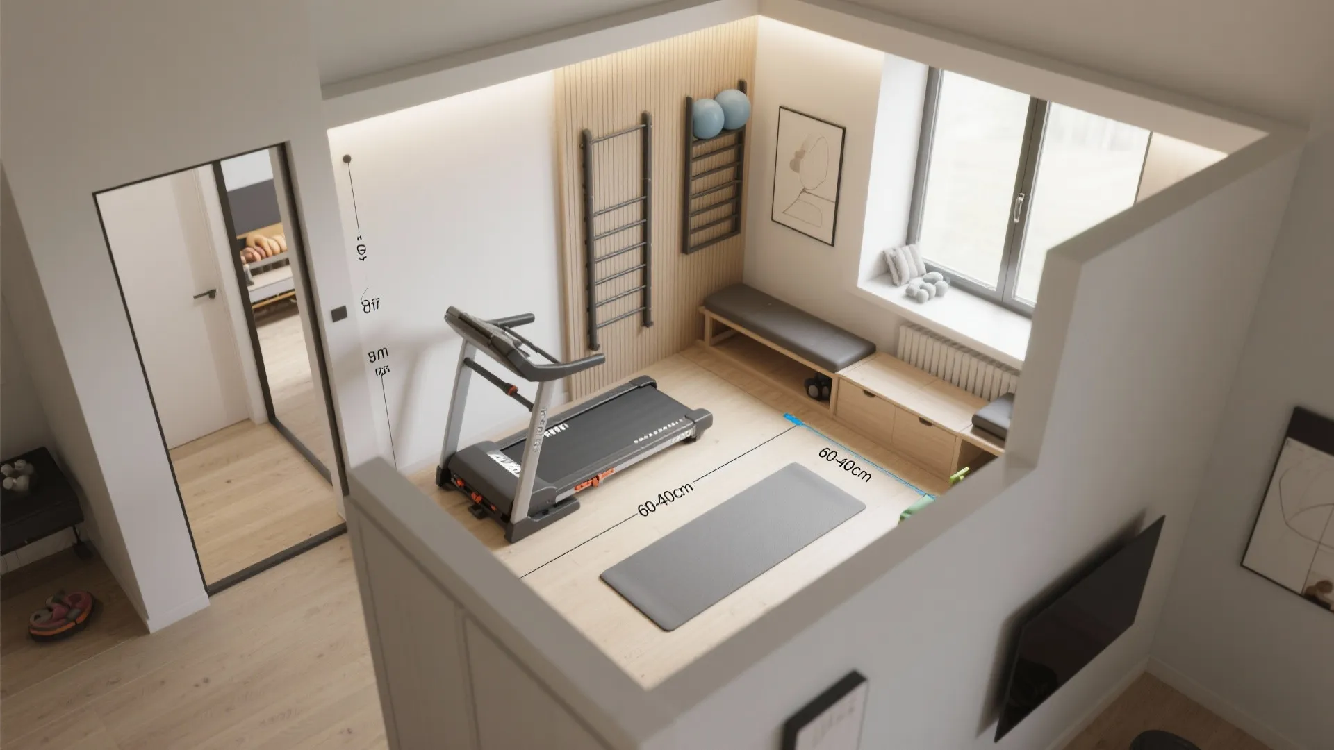 Top view interior design drawing of home gym with treadmill yoga mat and wall exercise bars
