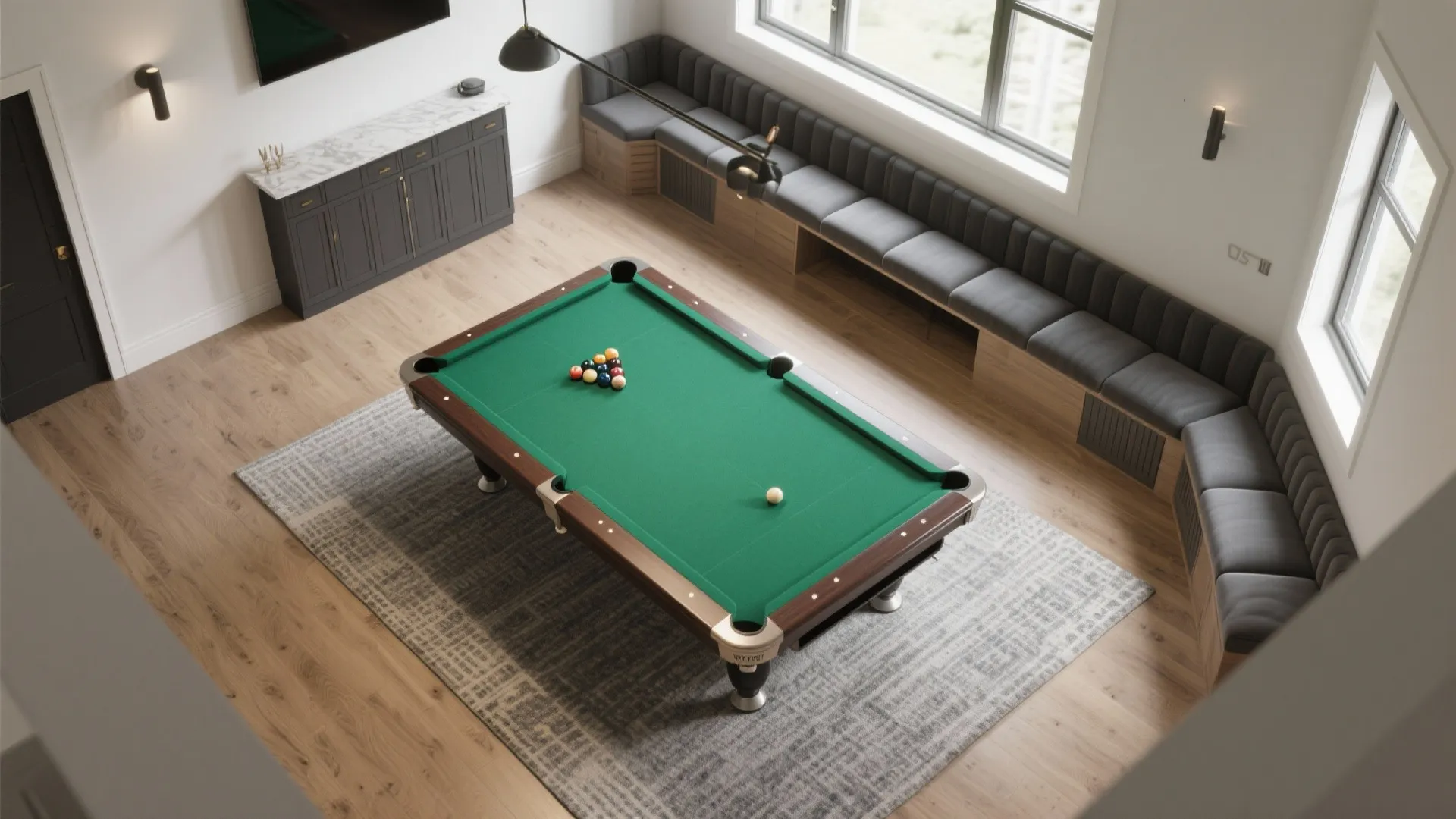 Top down interior design drawing of billiard room with green pool table and long bench