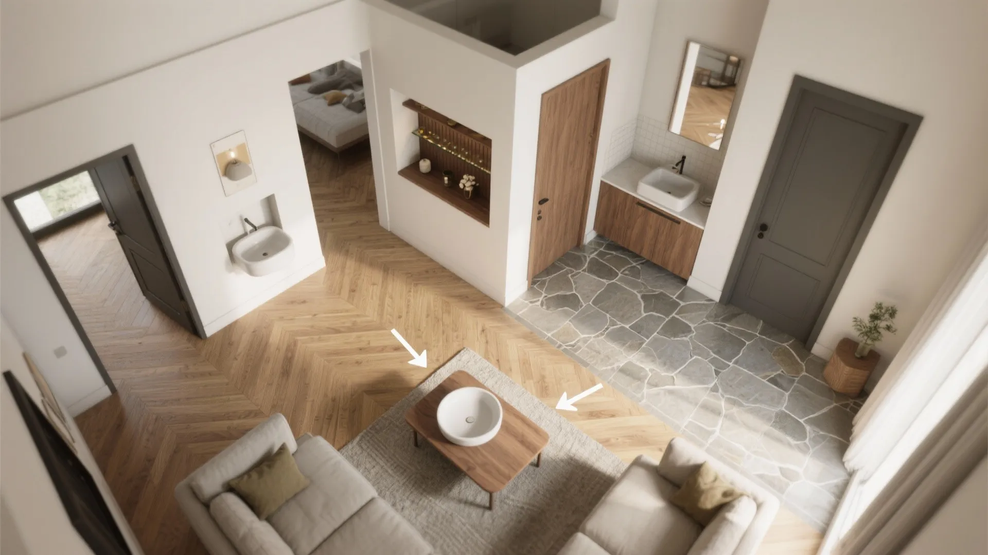 Top view interior design drawing of living room with wooden floor stone floor and white walls