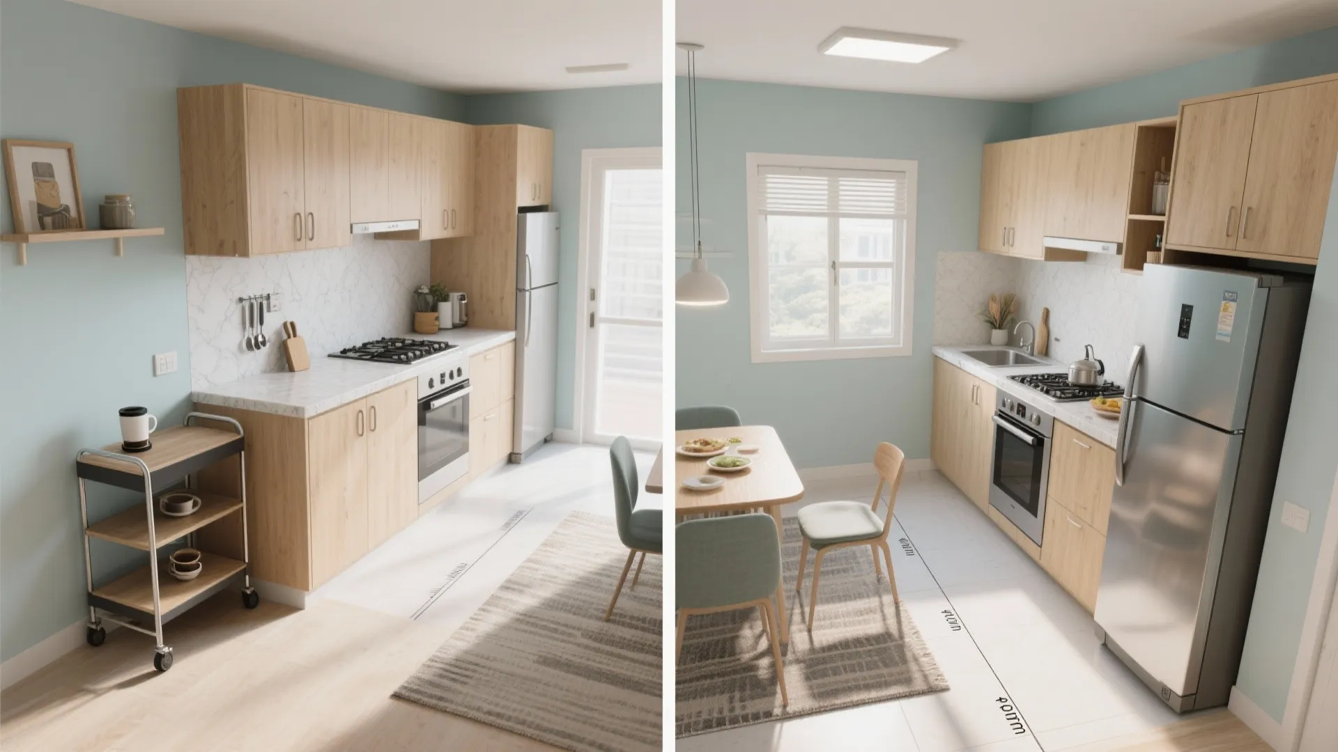 Smart single-wall or L-shape with a movable island