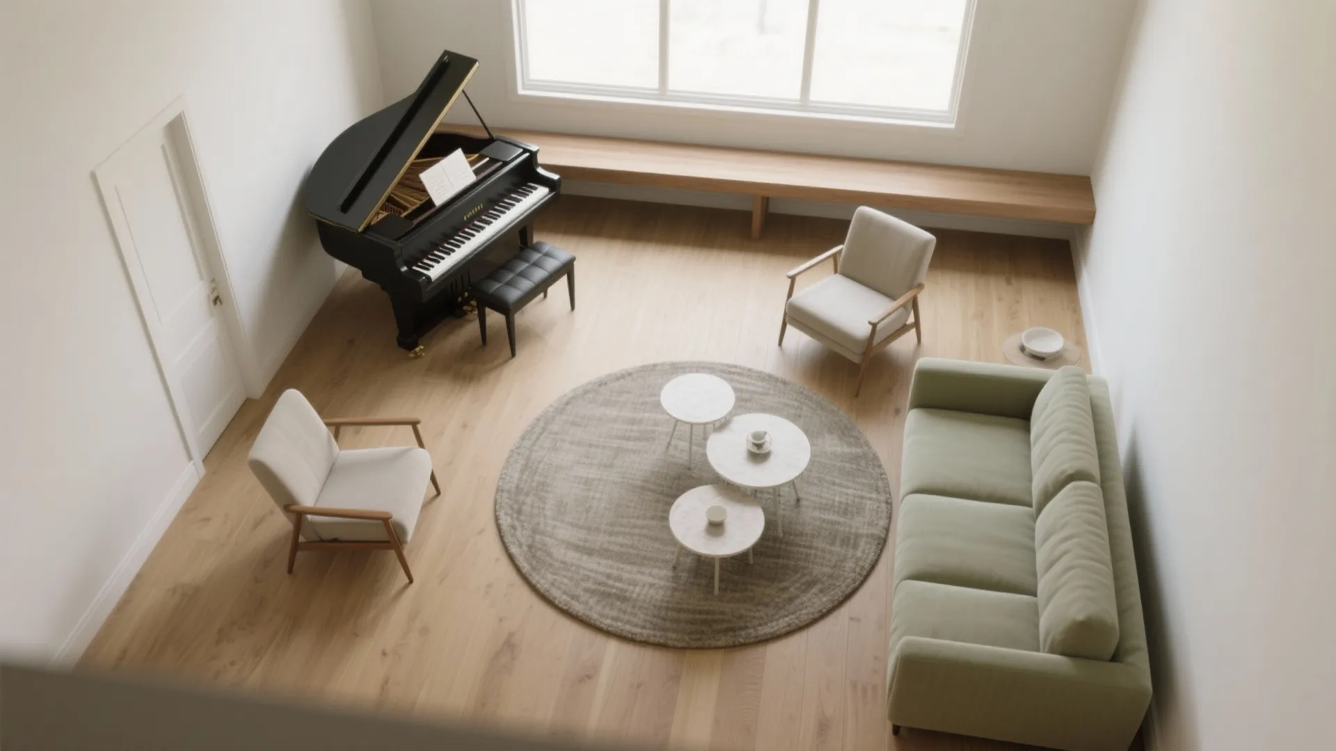 Top-down view of a small living room showing a diagonal piano layout with clear walkways and seating.