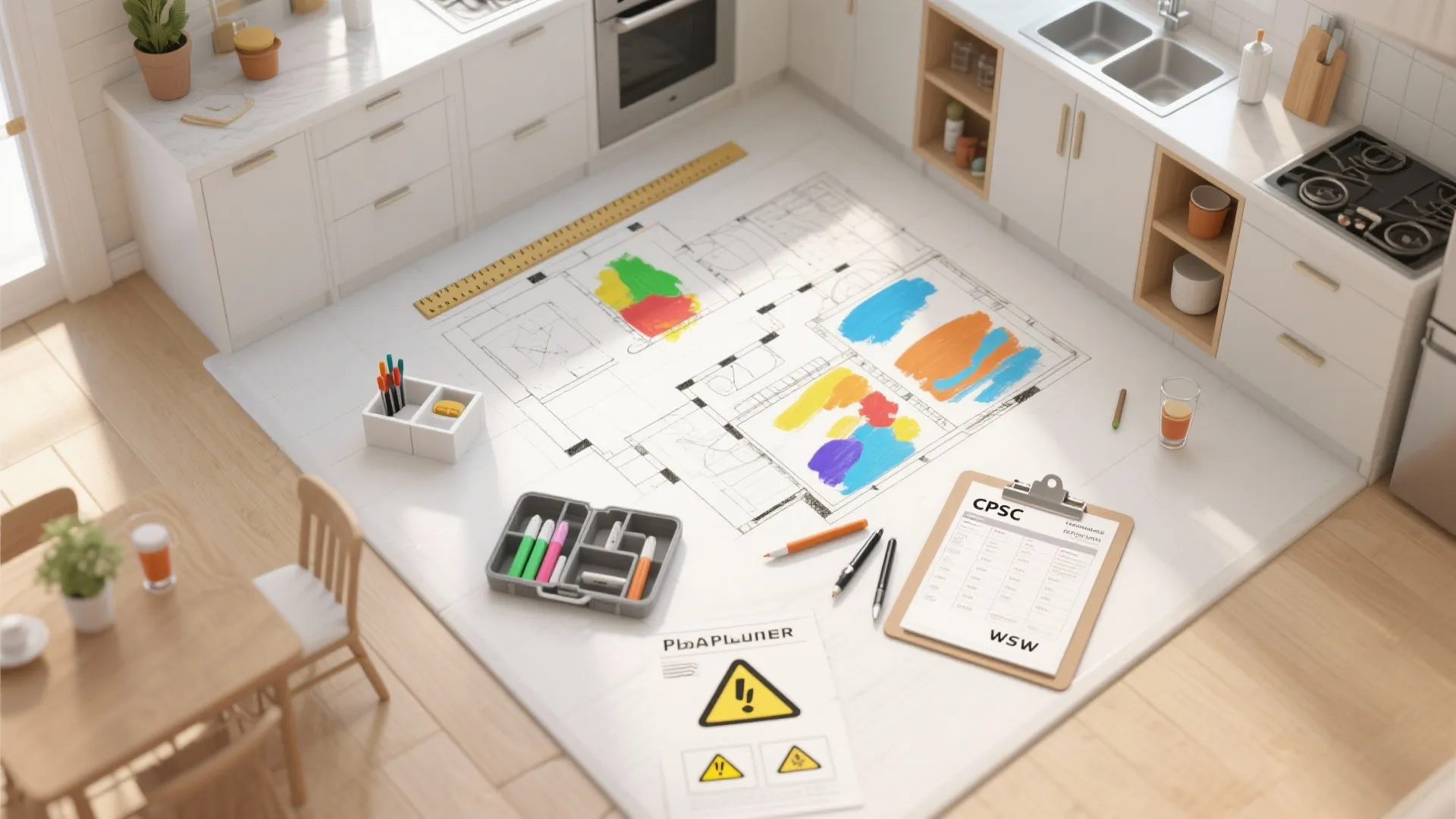 Interior design drawing on kitchen floor with colorful marks next to clipboard and drawing tools