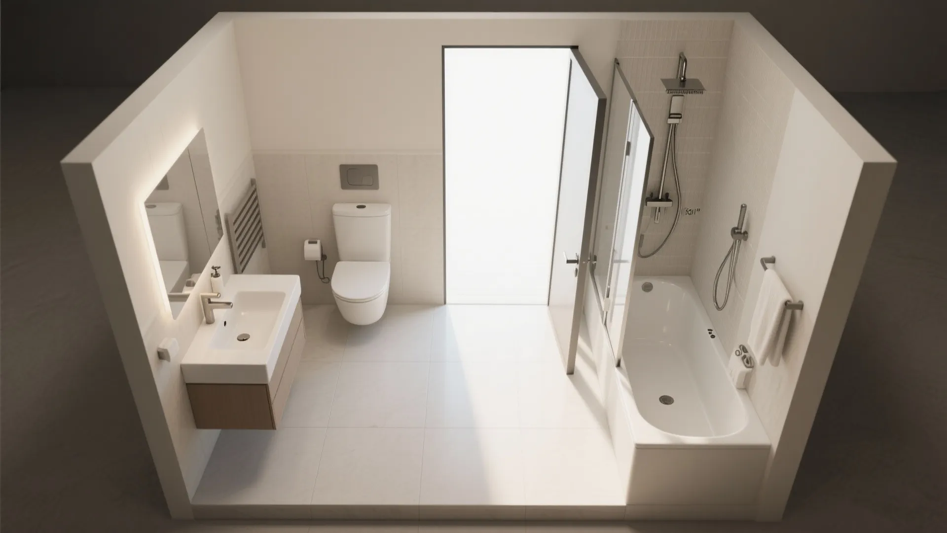 Interior design drawing of bathroom layout with cabinet toilet bathtub and glass shower wall panel