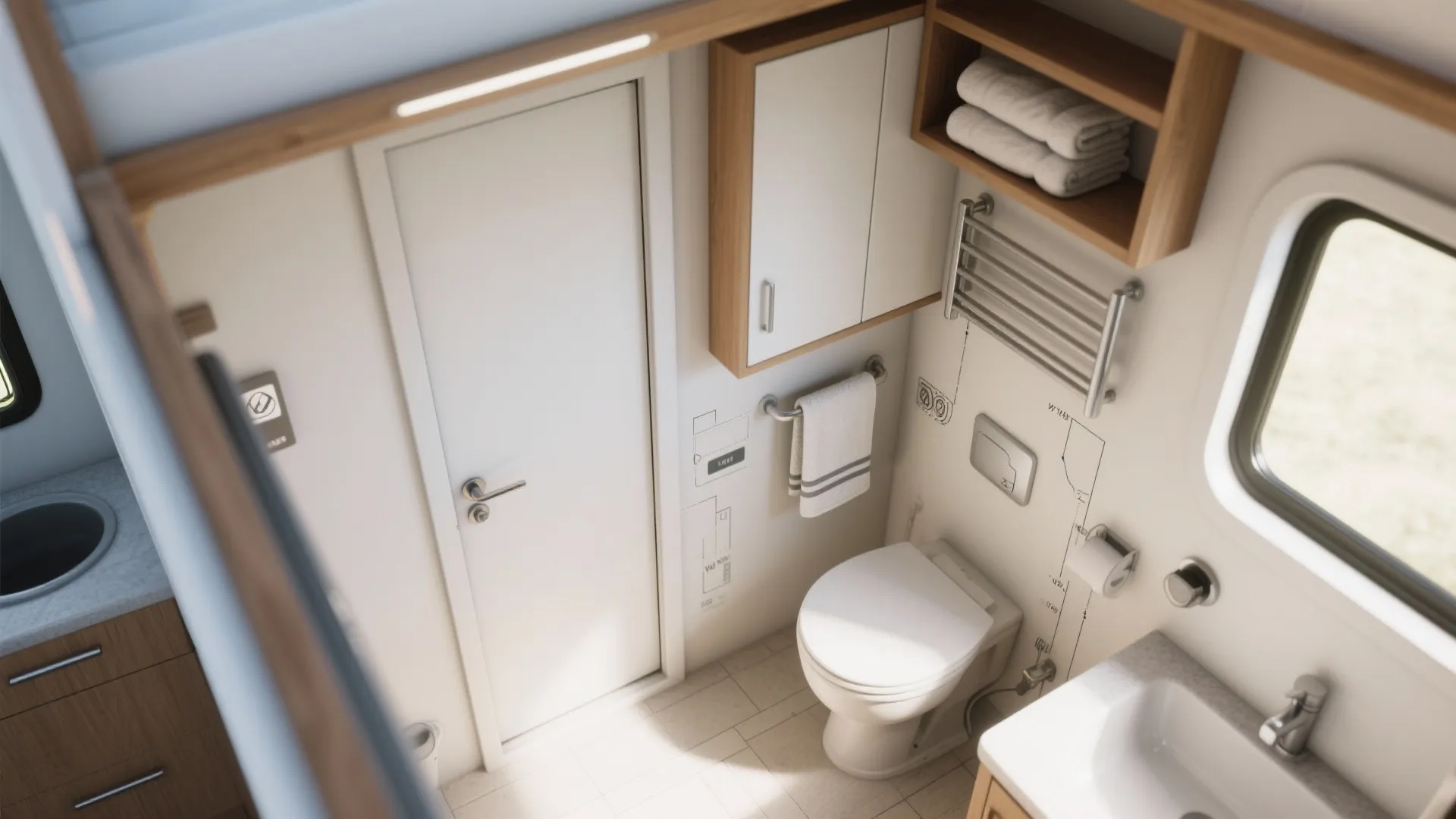Top down room layout of small bathroom with white toilet wood cabinet sink and towel