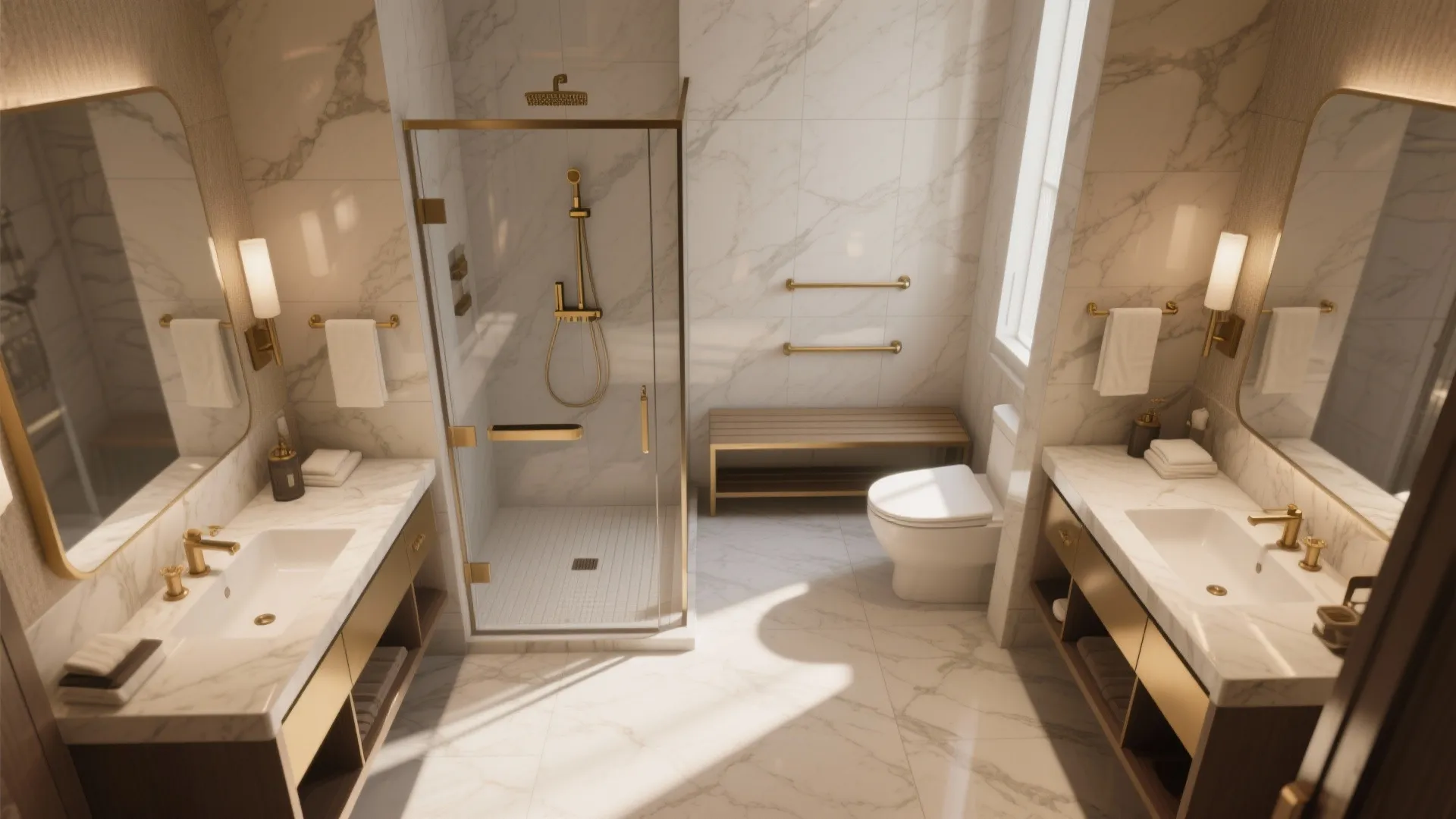 Modern bathroom room layout showing a glass shower and double sinks with marble floor tiling