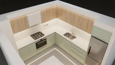 Modern L-Shaped Kitchen with Mint Cabinets & Marble Countertops