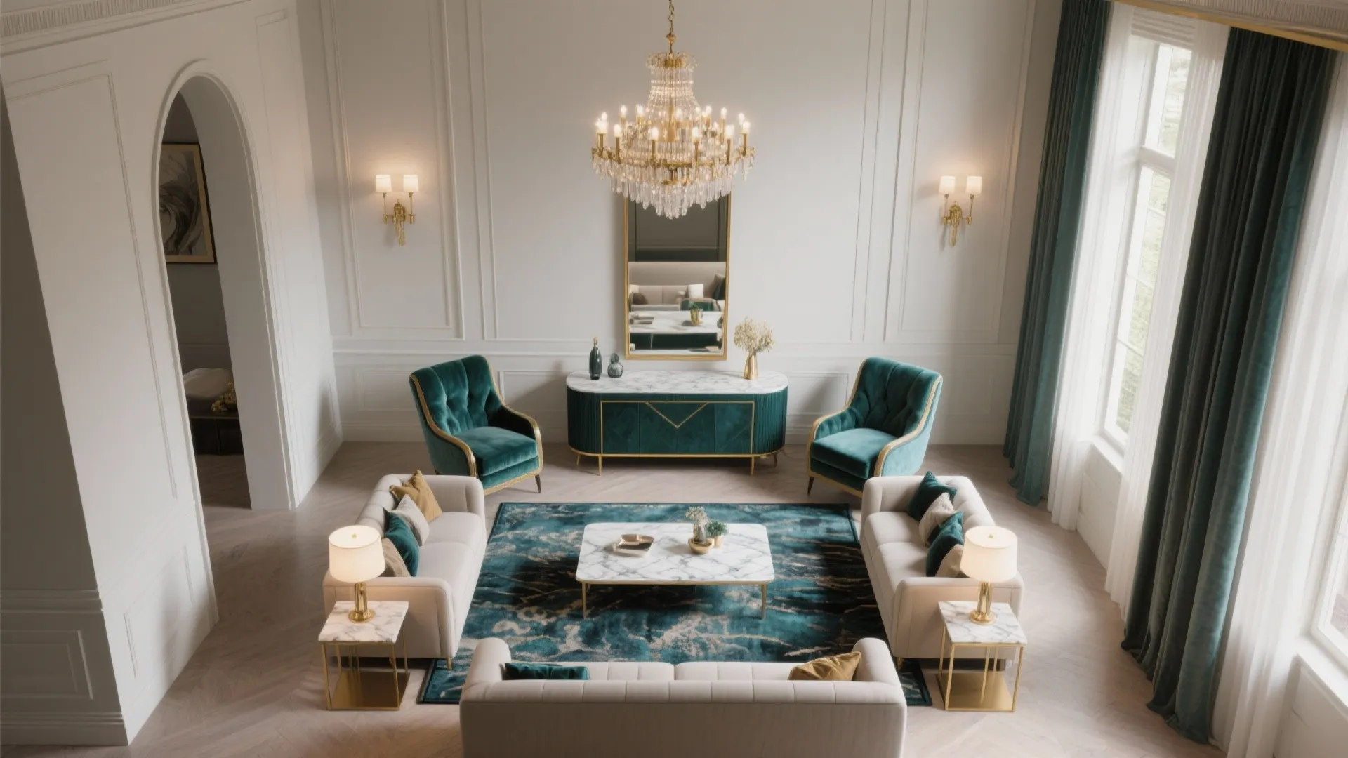 Large living room layout with cream sofas green chairs teal rug and a large ceiling light