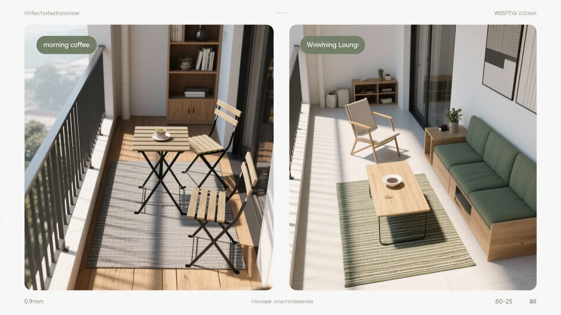 Top-down layout of narrow balcony showing clear path and flexible seating.