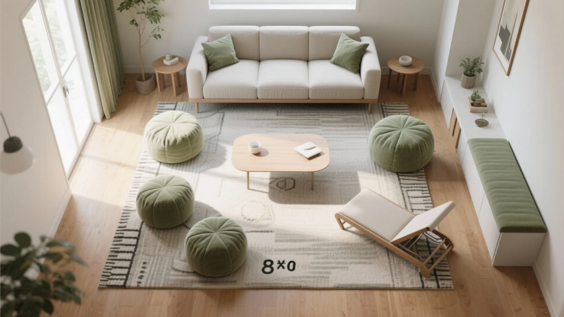 Top-down living room layout showing rug size, low sofa, floor cushions, and bench