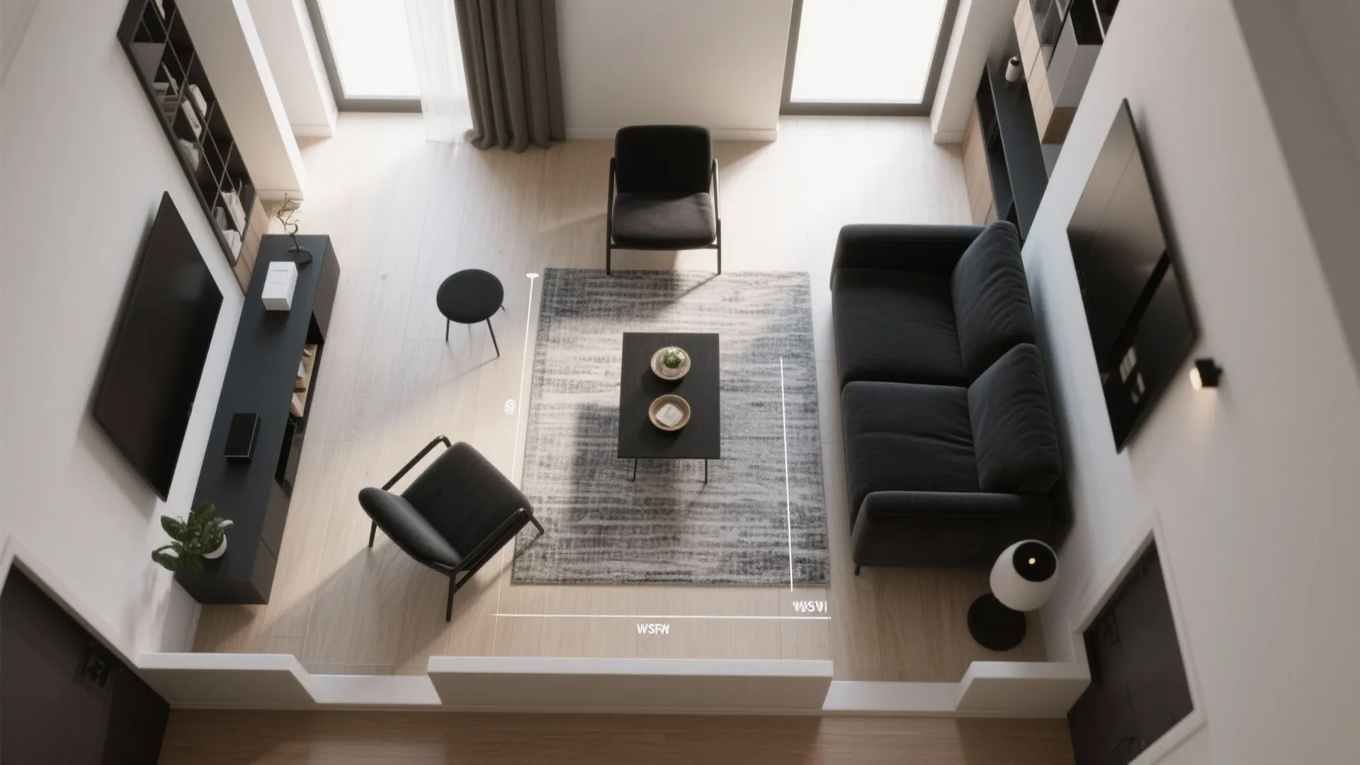 Top-down room planner view showing black chair placements, rug sizes and circulation paths in a small living space