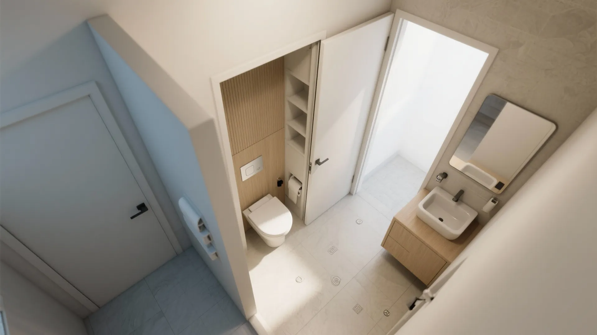 5. Space-Saving Layouts: Pocket Doors and Offset Fixtures