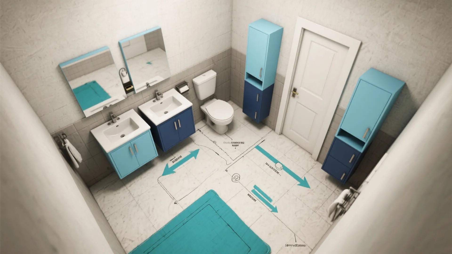 Top down bathroom interior design drawing with blue cabinets two sinks white toilet and floor markings