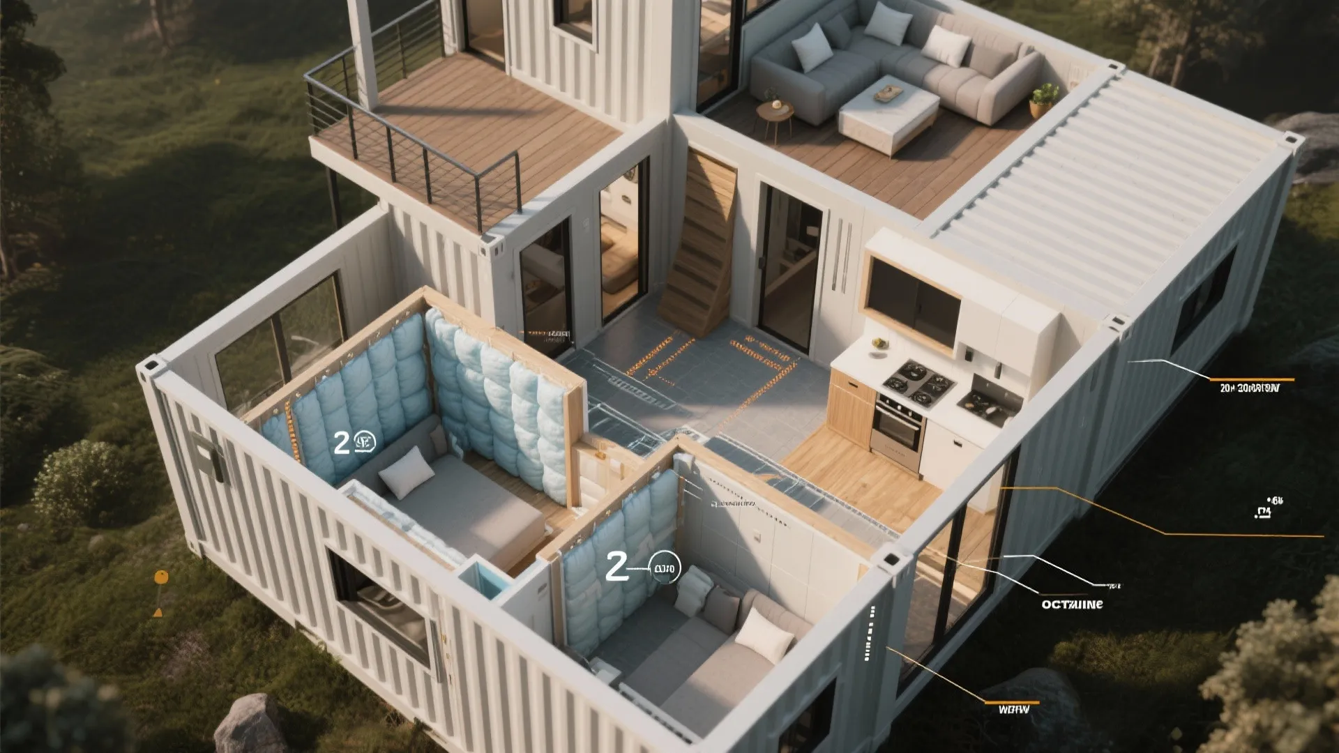 Top-down layout of a 2-bedroom container home showing zones for living, loft, kitchen and deck