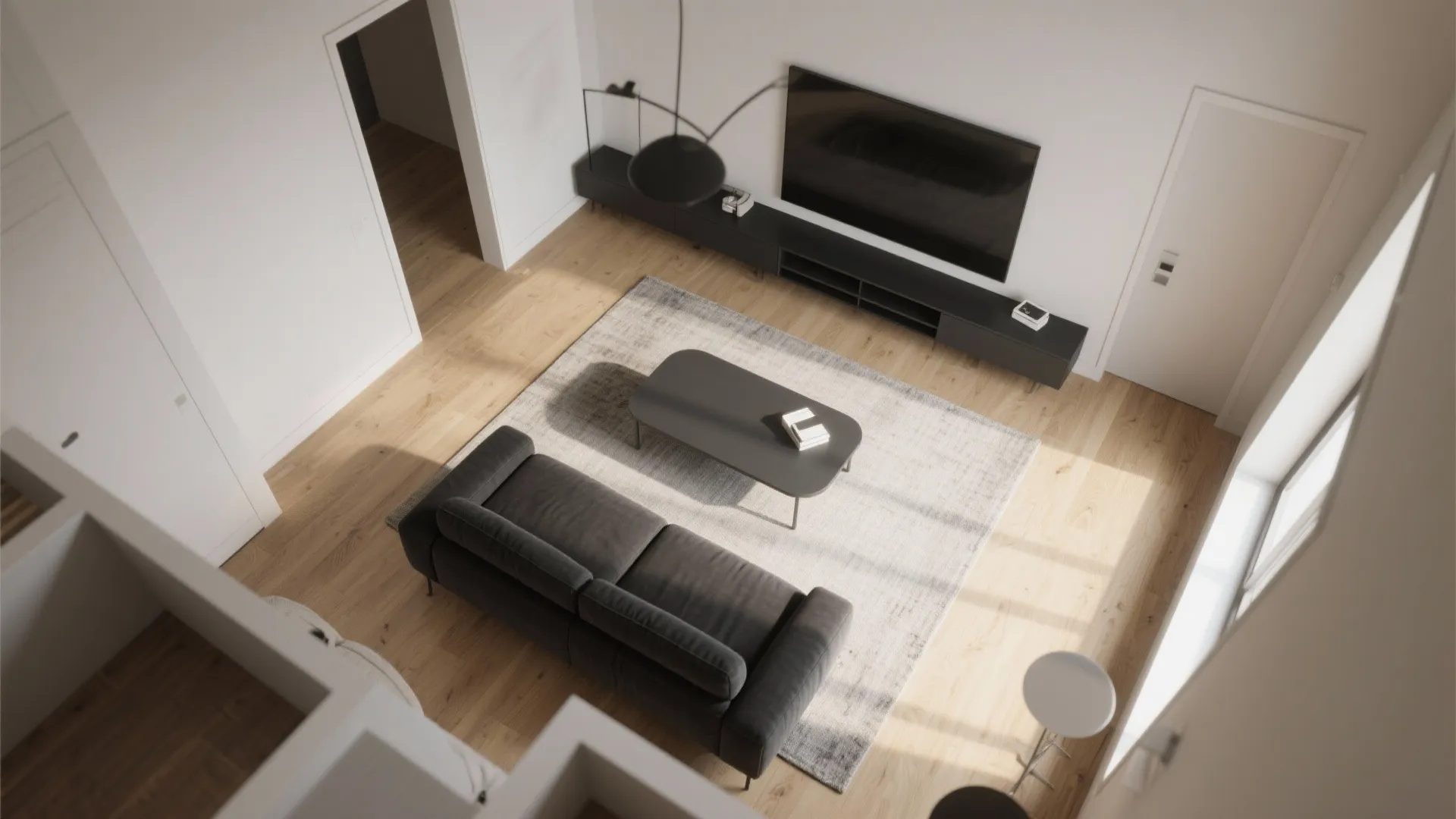 Top down interior design drawing of living room with sofa rug coffee table and television