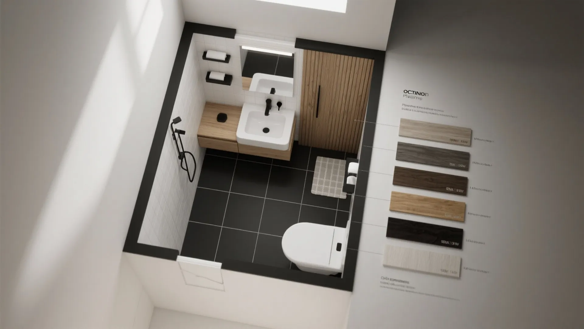 Top view of small bathroom layout with black tiles white sink wood cabinet and toilet