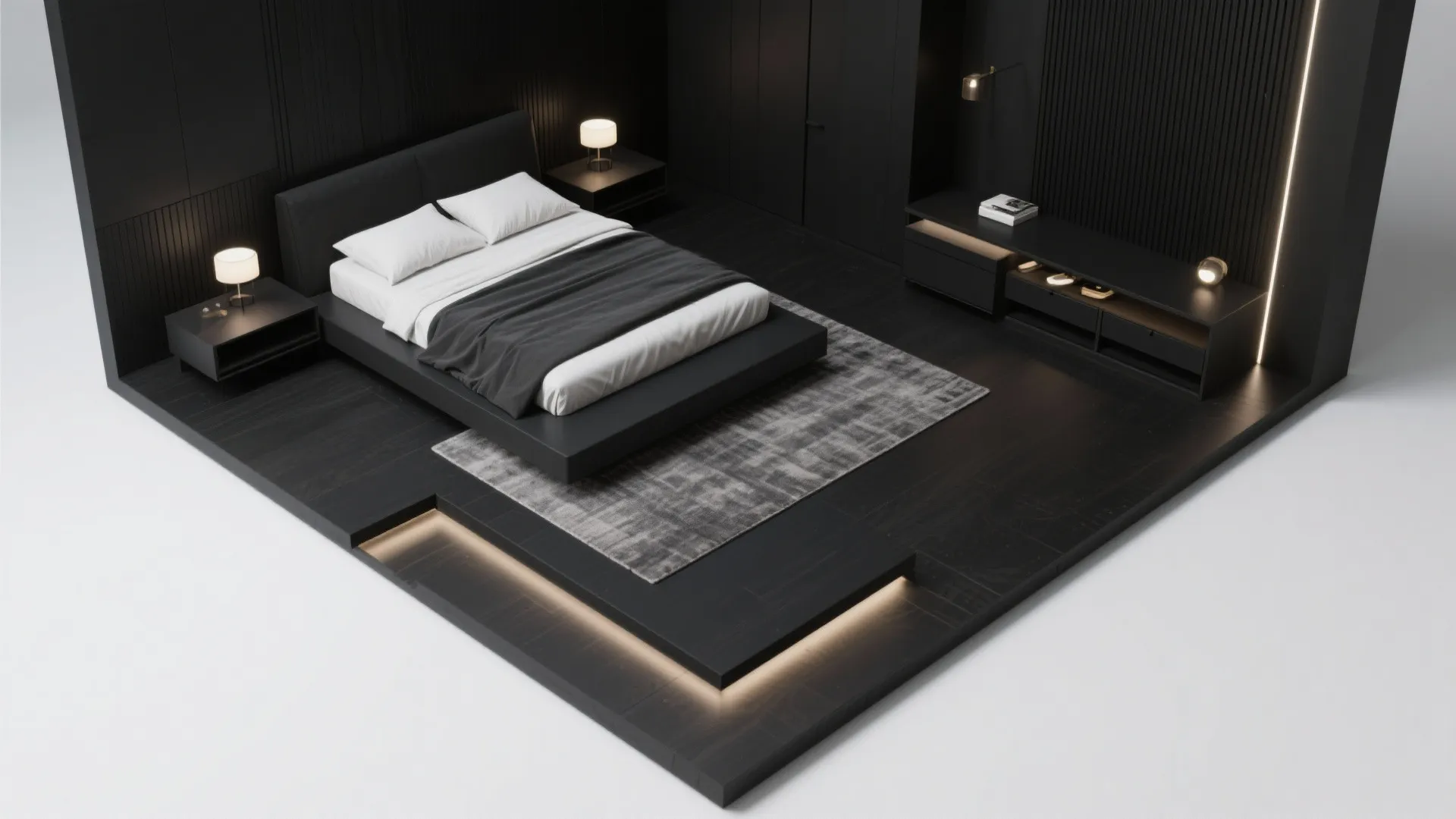 Top down interior design drawing of black modern bedroom with bed rug and bedside table lights