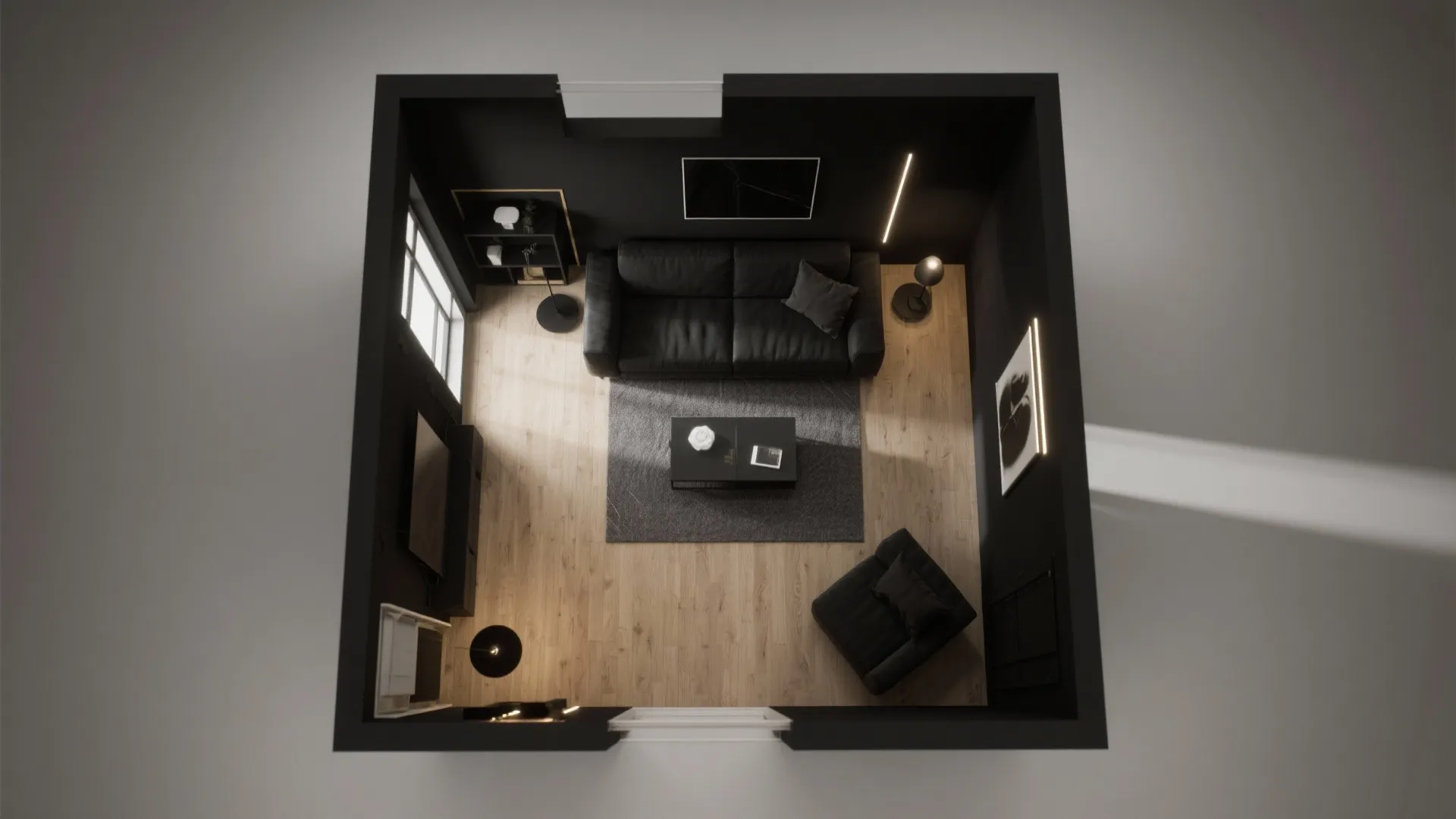 Top view of a small black living room with wooden floor sofa rug and coffee table