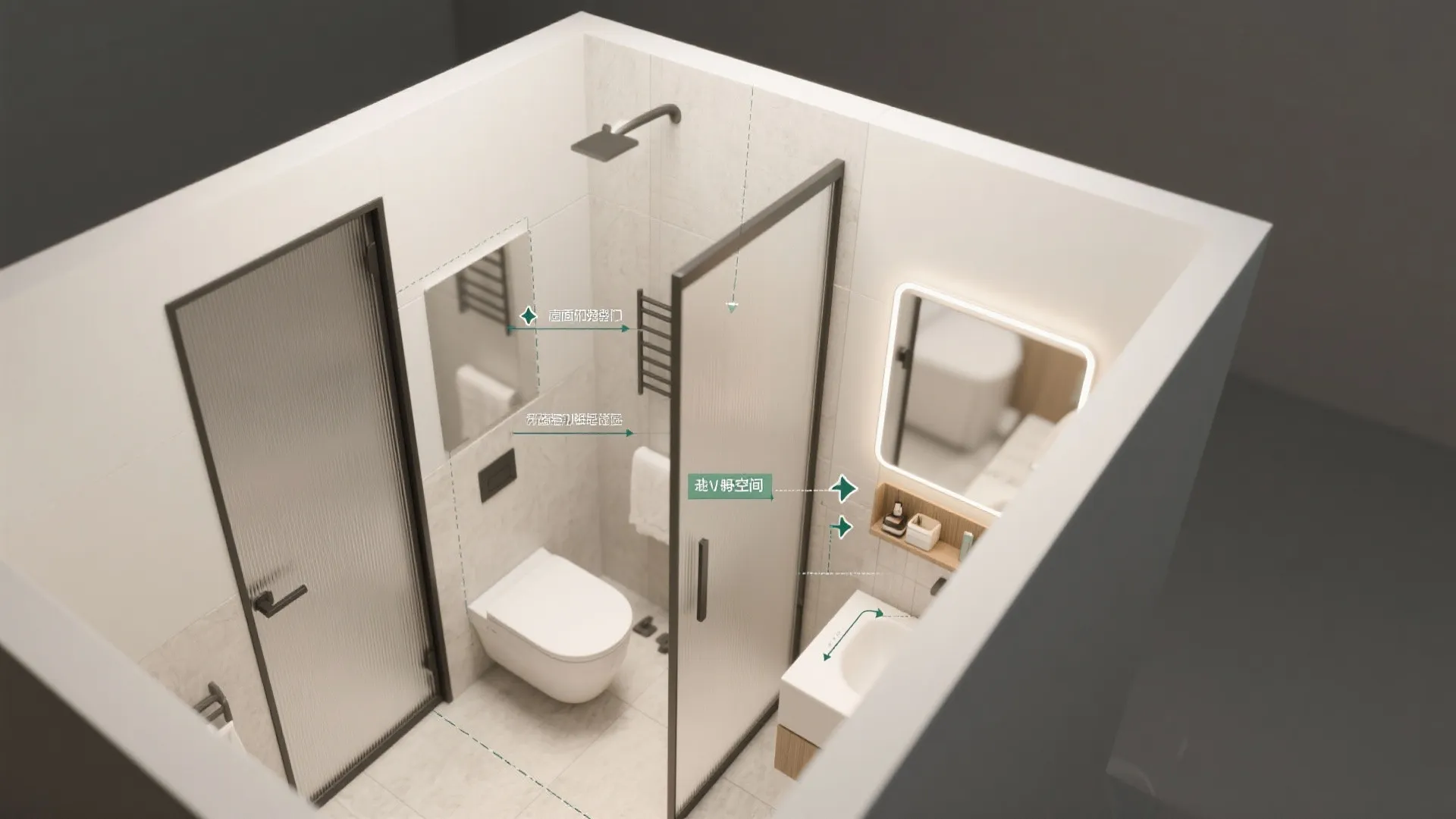 Top view of small bathroom layout with toilet shower sink mirror and white tiled walls