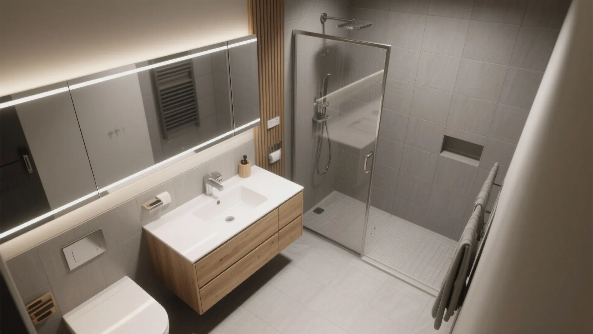 Top-down view of a small bathroom layout with floating vanity and large mirror maximizing space.