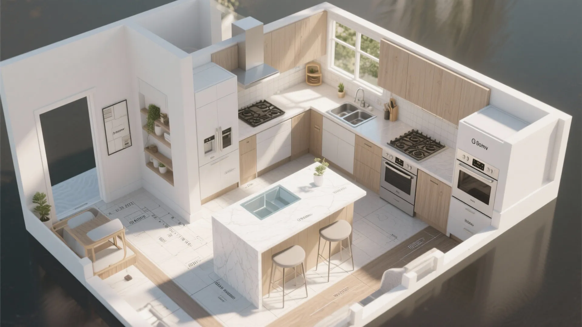 Interior design drawing showing a modern kitchen layout with a white marble island and wooden cabinets