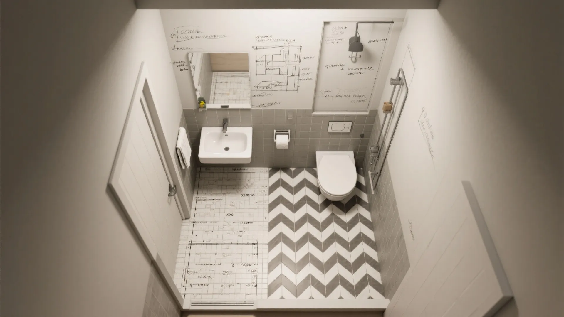 Top down interior design drawing of a small bathroom with toilet sink and floor tiles