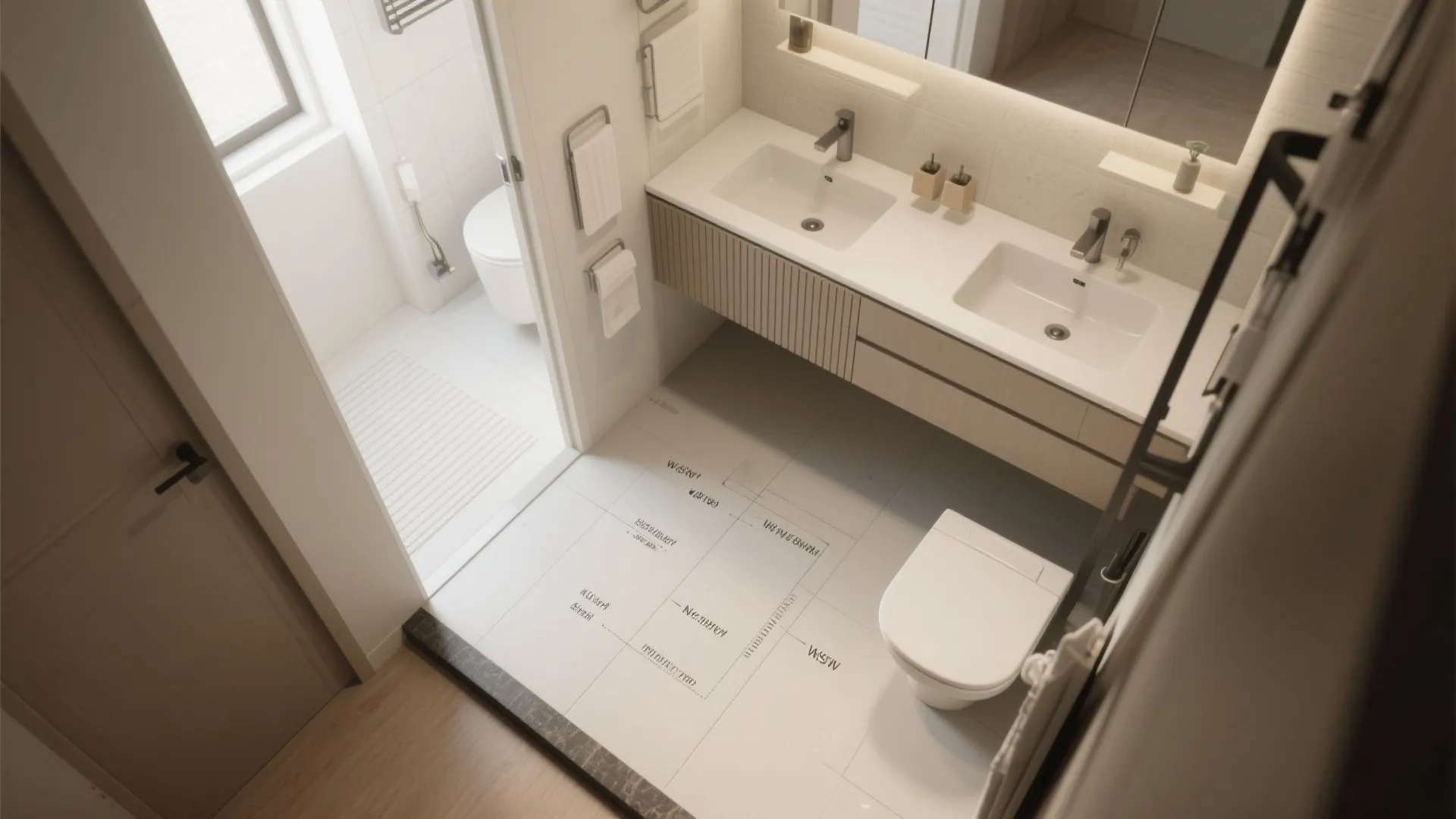 Top down interior design drawing of bathroom with double sinks toilet shower and light wood cabinet