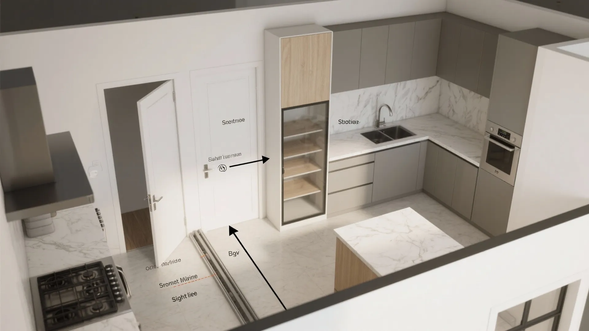 Top-down kitchen layout showing sliding door versus swing door and sightlines for glass pantry placement.