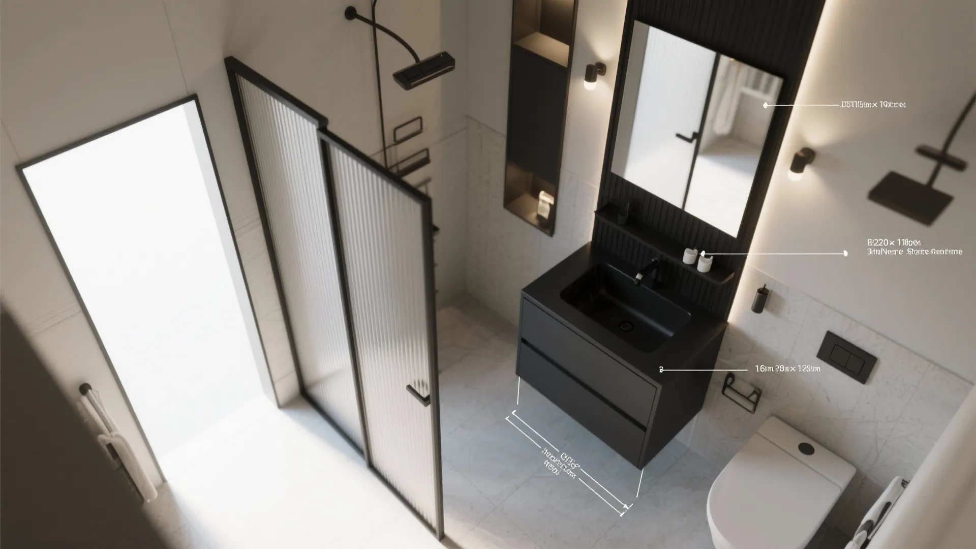 Top down bathroom interior design drawing showing black cabinet glass shower door toilet and tiles