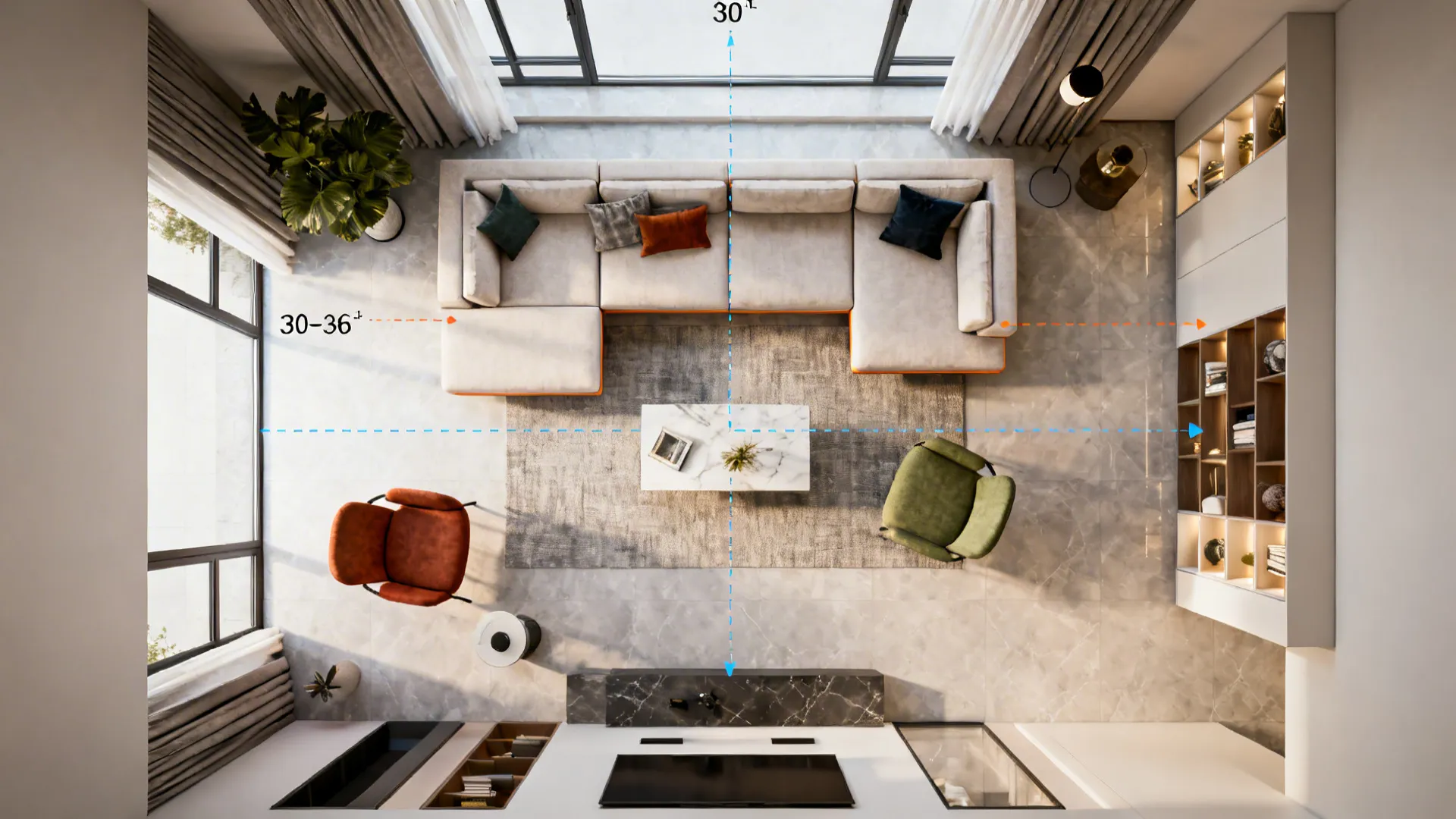 Interior design drawing showing a top down room layout with sofa chairs and measurement lines